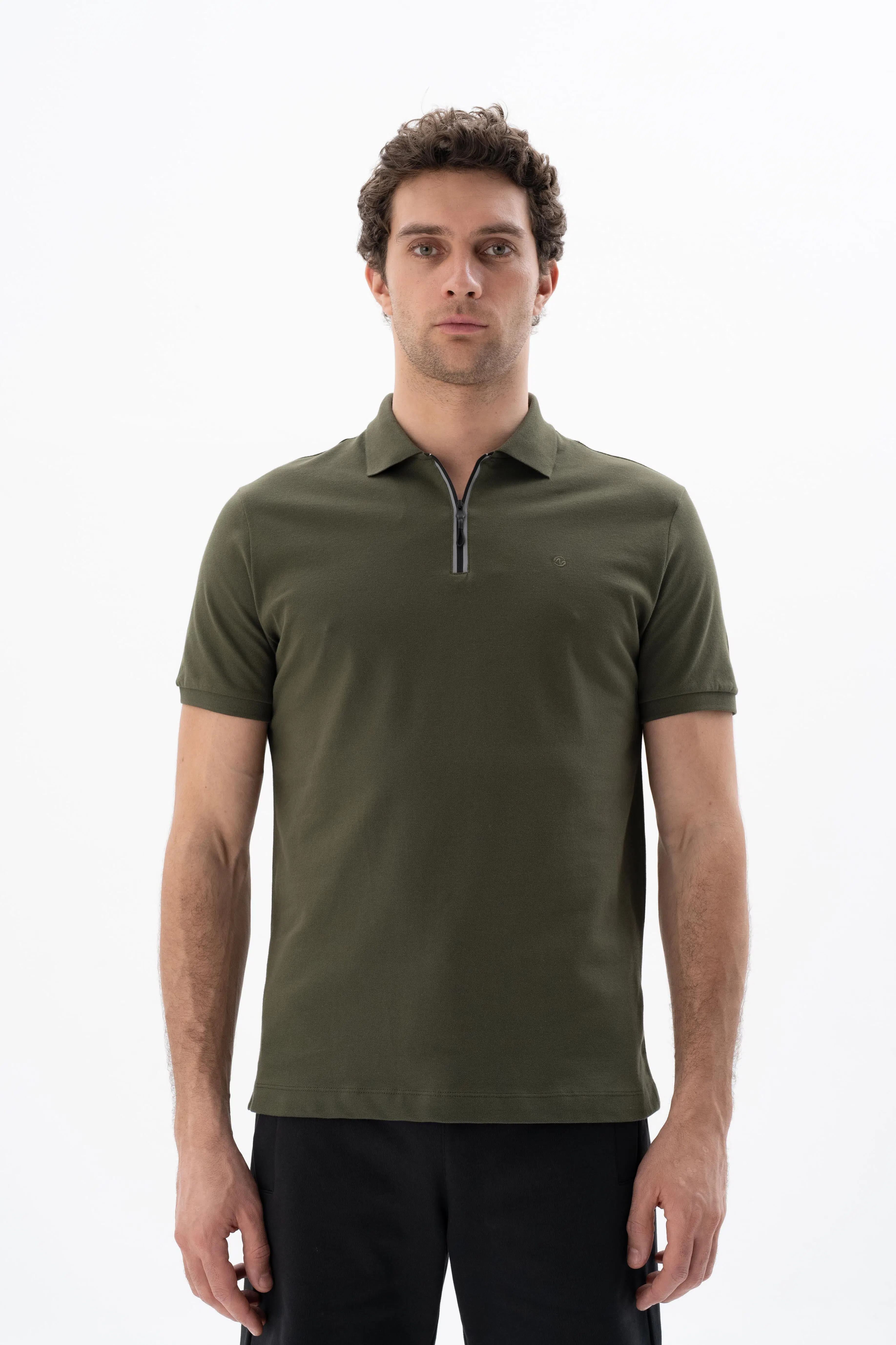 Ar-ma Erkek Polo Yaka Tişört Baskisiz Basic Yaka Fermuarli Regular Fit Tek Toplama Licrali Pike Y25374305101 - Haki-H1