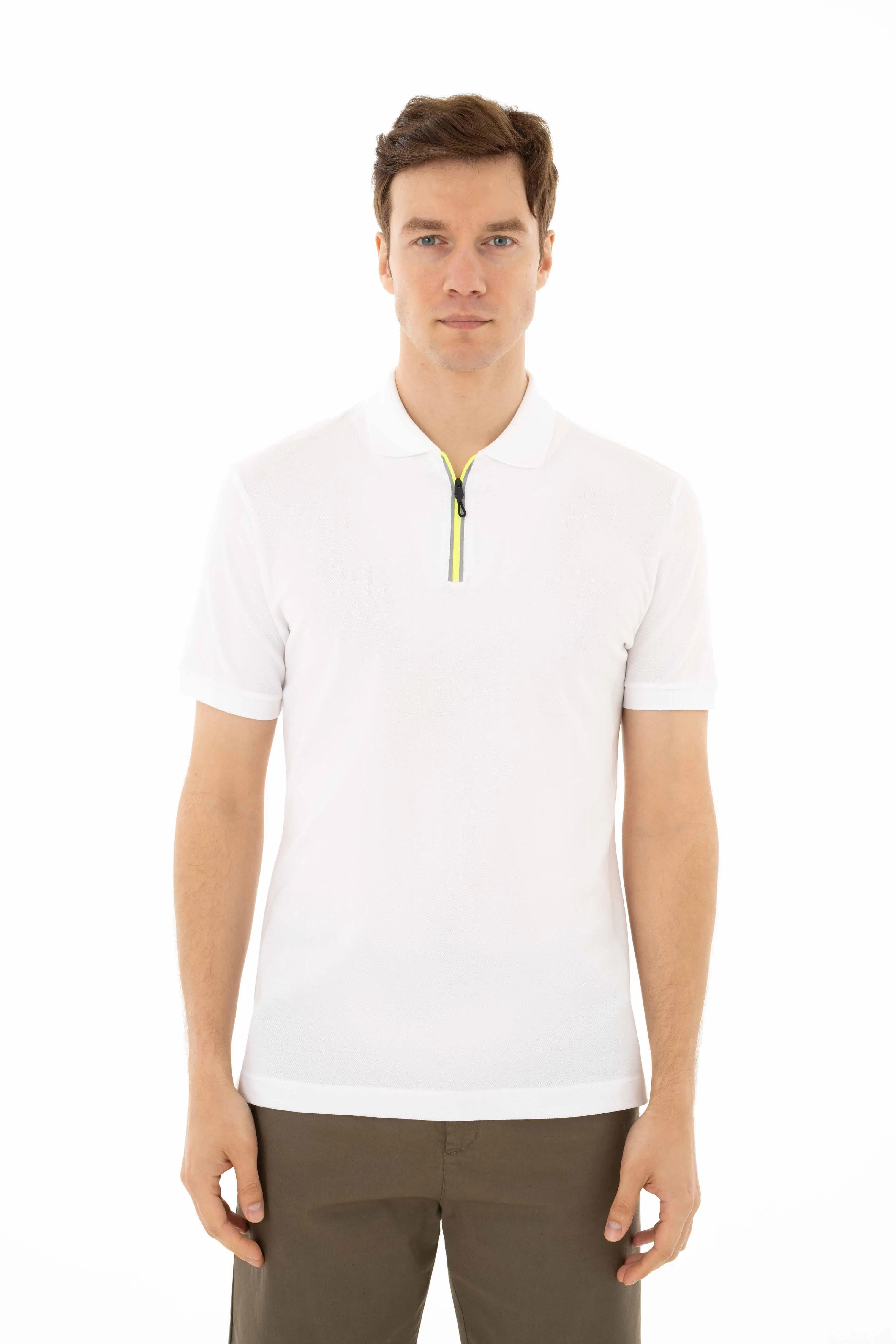 Ar-ma Erkek Polo Yaka Tişört Baskisiz Basic Yaka Fermuarli Regular Fit Tek Toplama Licrali Pike Y25374305101 - Beyaz-B1