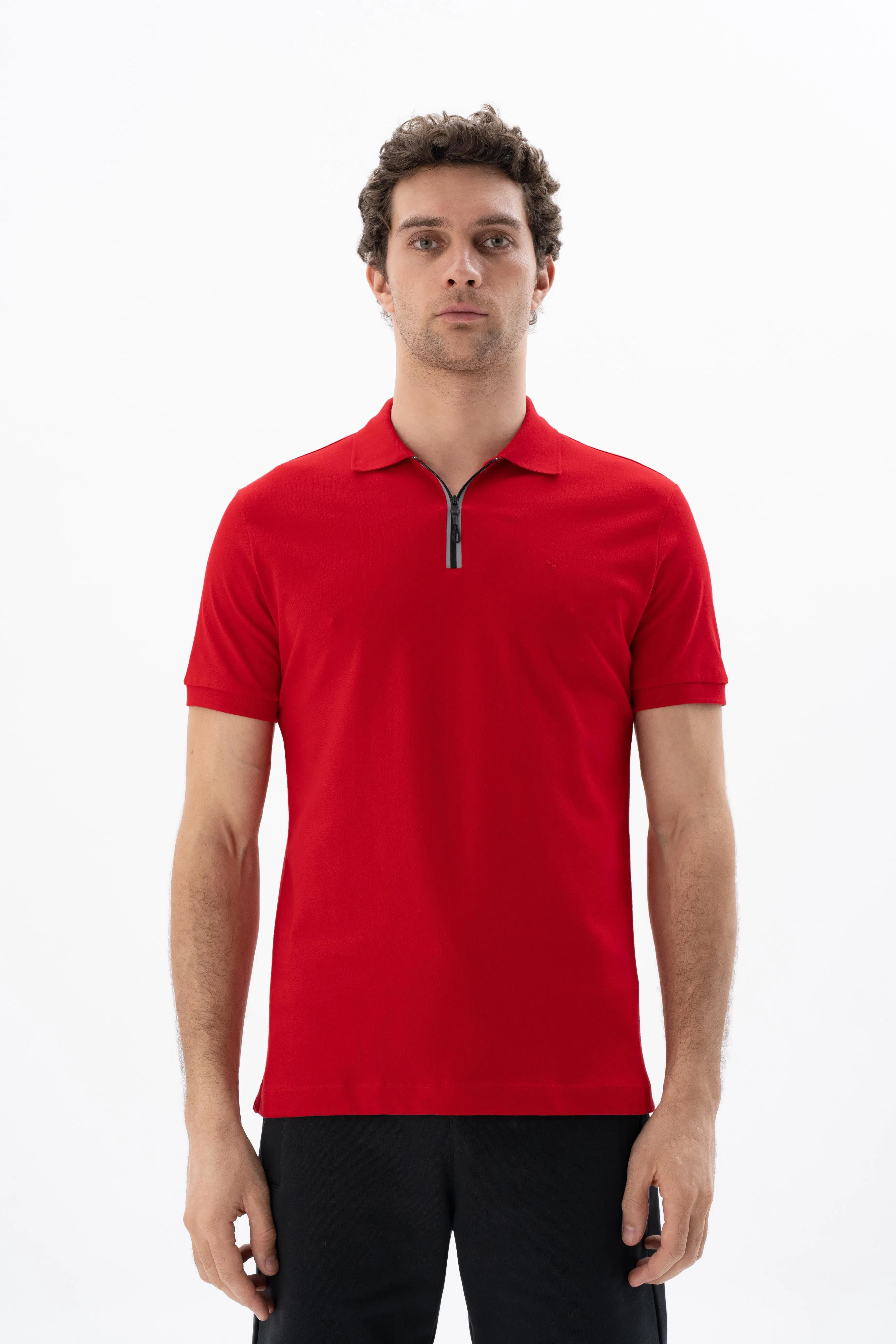 Ar-ma Erkek Polo Yaka Tişört Baskisiz Basic Yaka Fermuarli Regular Fit Tek Toplama Licrali Pike Y25374305101 - Kırmızı-K1