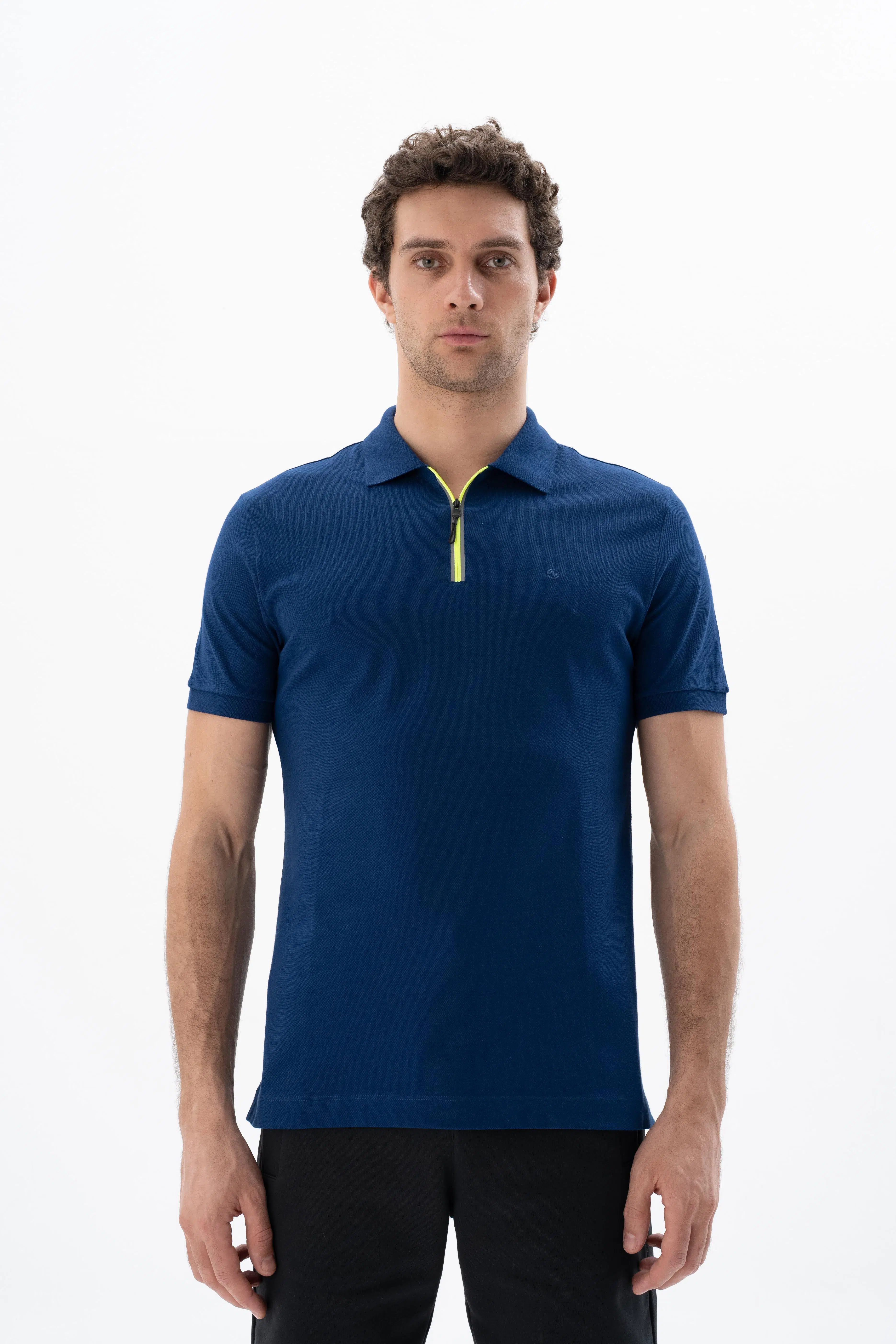Ar-ma Erkek Polo Yaka Tişört Baskisiz Basic Yaka Fermuarli Regular Fit Tek Toplama Licrali Pike Y25374305101 - İndigo-İ1