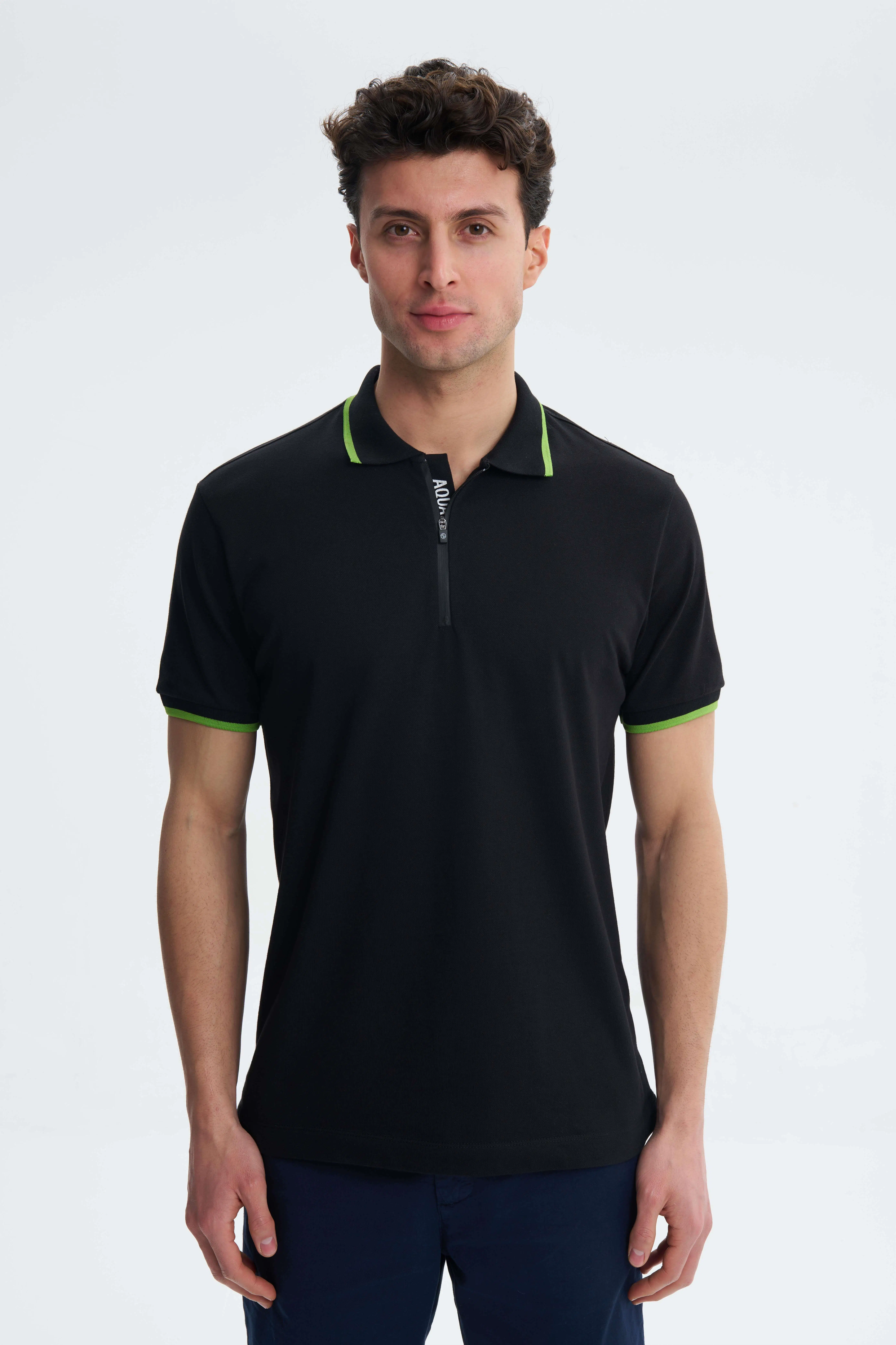 Ar-ma Erkek Polo Yaka Tişört Baskisiz Basic Yaka Fermuarli Regular Fit Tek Toplama Licrali Pike Y27374307401 - Siyah-S1