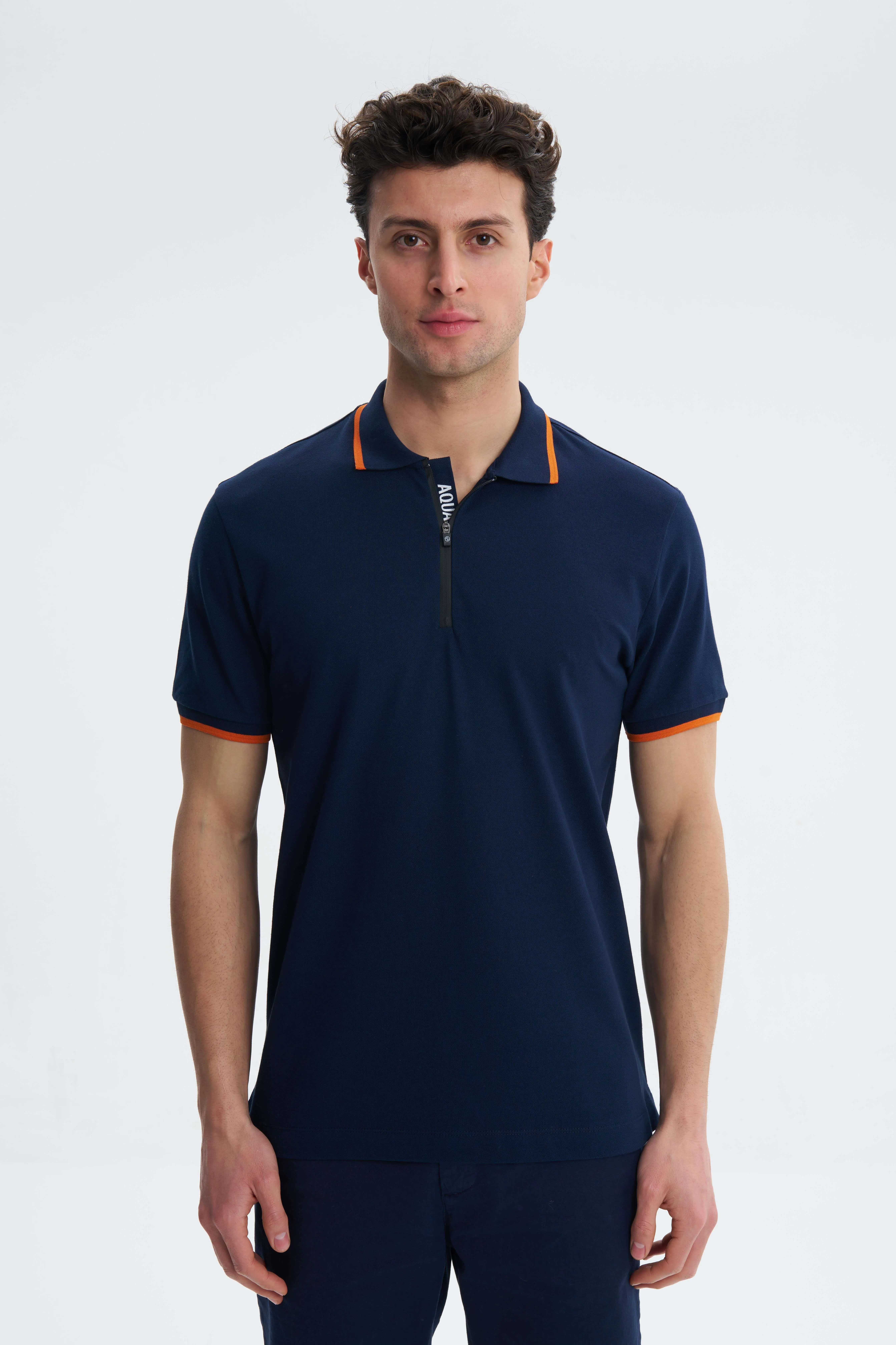 Ar-ma Erkek Polo Yaka Tişört Baskisiz Basic Yaka Fermuarli Regular Fit Tek Toplama Licrali Pike Y27374307401 - Lacivert-L1