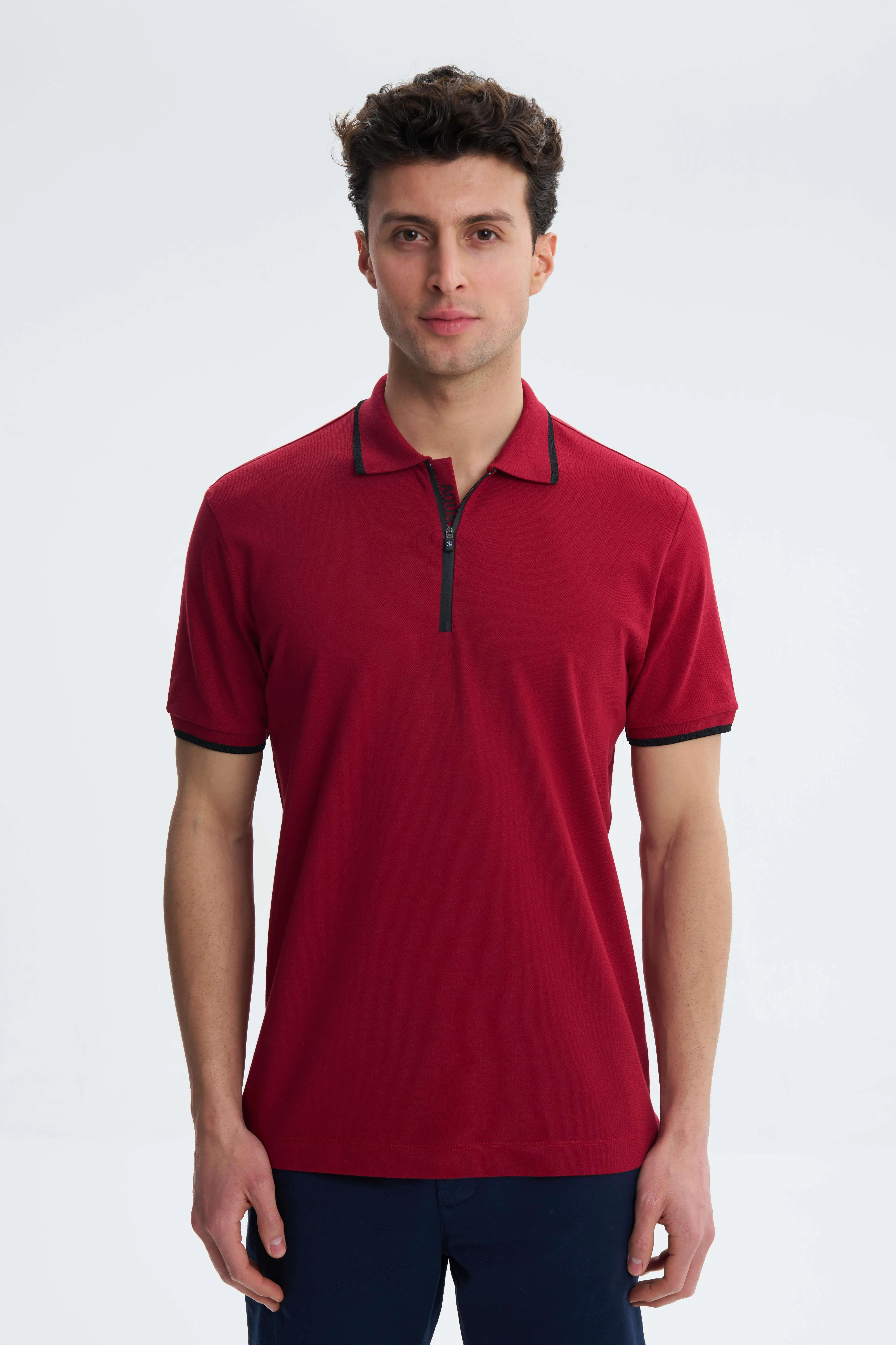 Ar-ma Erkek Polo Yaka Tişört Baskisiz Basic Yaka Fermuarli Regular Fit Tek Toplama Licrali Pike Y27374307401 - Bordo-B1