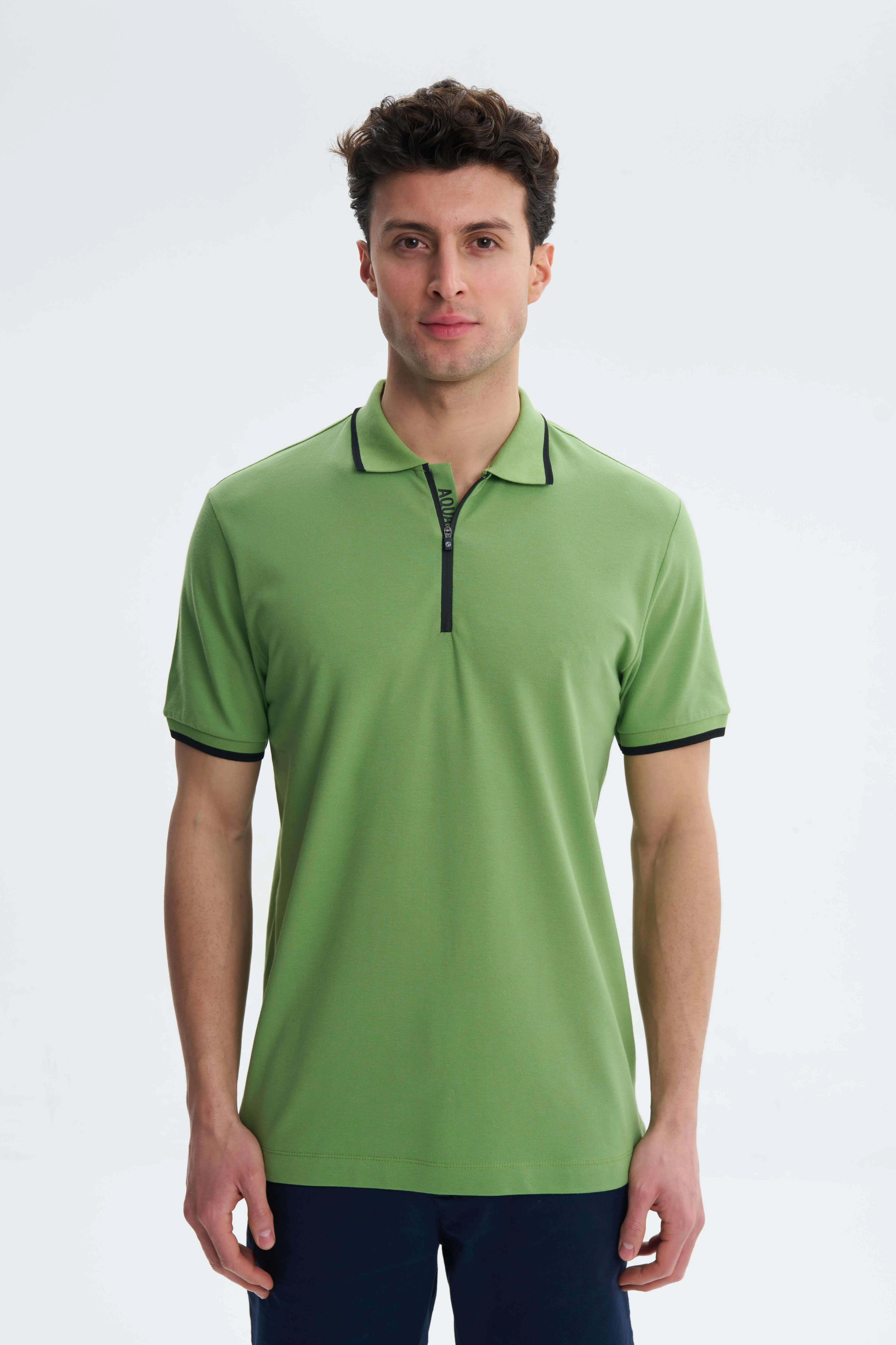 Ar-ma Erkek Polo Yaka Tişört Baskisiz Basic Yaka Fermuarli Regular Fit Tek Toplama Licrali Pike Y27374307401 - Yeşil-Y1