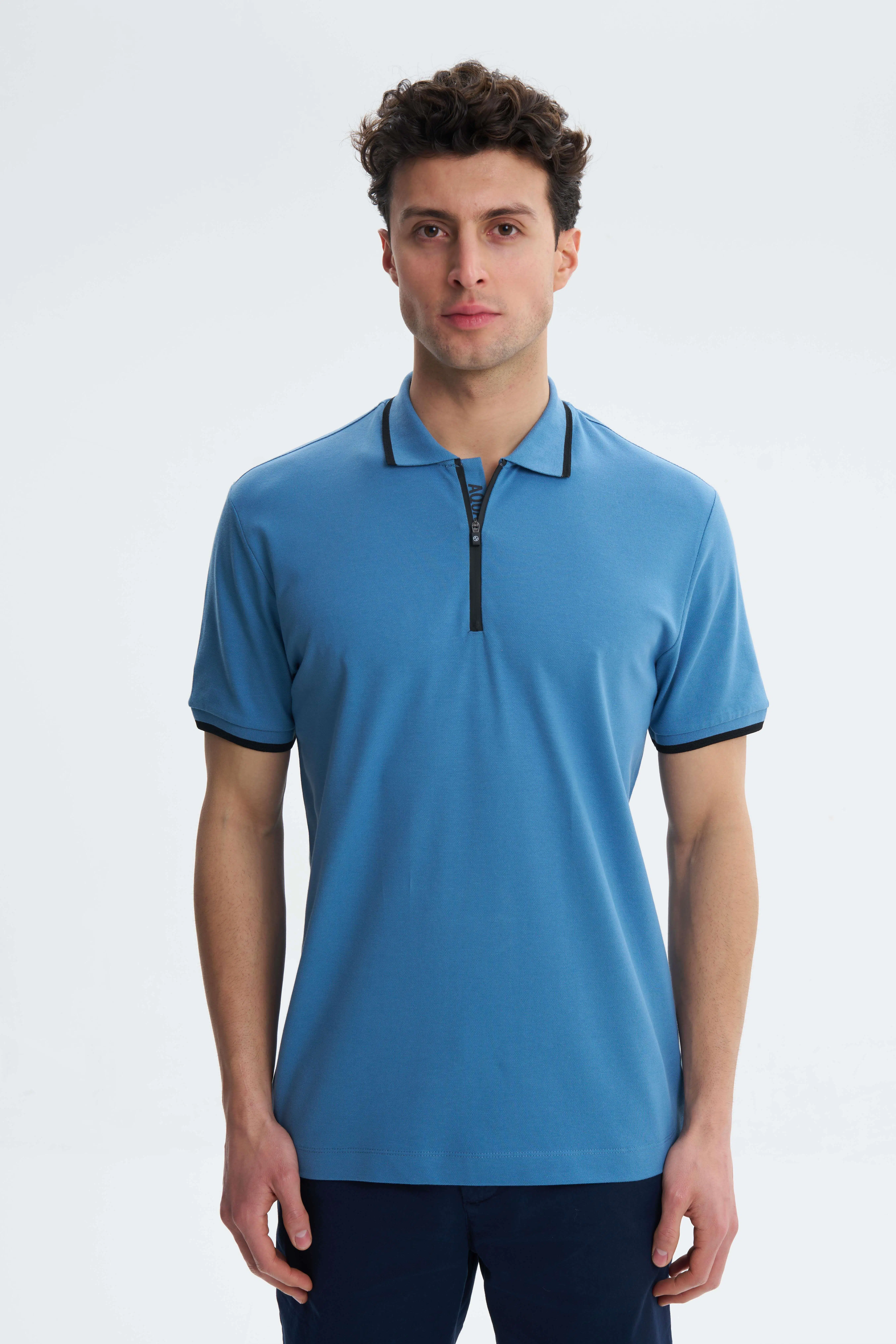 Ar-ma Erkek Polo Yaka Tişört Baskisiz Basic Yaka Fermuarli Regular Fit Tek Toplama Licrali Pike Y27374307401 - Mavi-M12