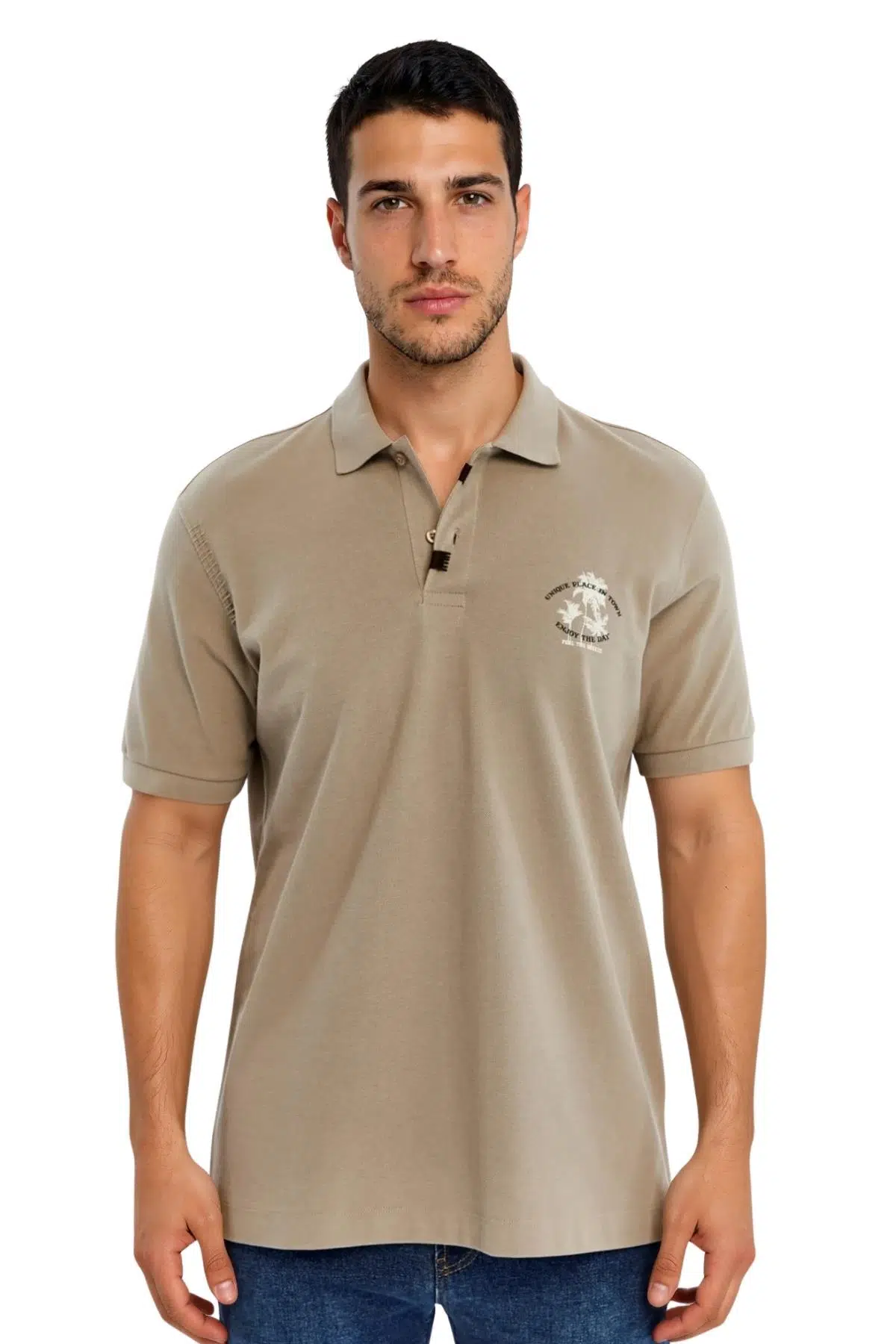 Ar-ma Erkek Polo Yaka Tişört Resim Baskili Regular Fit Çift Toplama Penye Pike Y31374358402 - Gri-Bej G8
