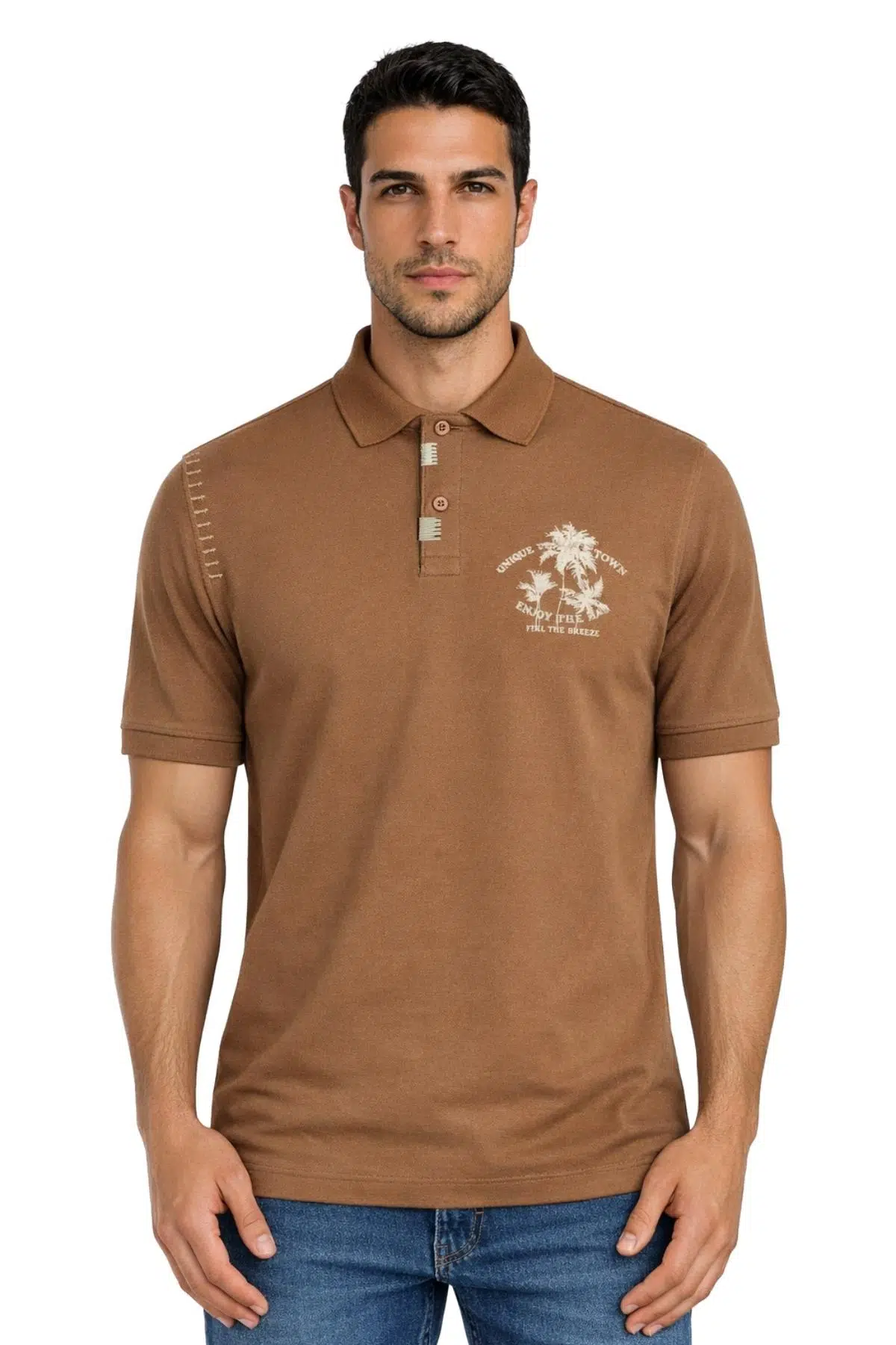 Ar-ma Erkek Polo Yaka Tişört Resim Baskili Regular Fit Çift Toplama Penye Pike Y31374358402 - Kahverengi-K7