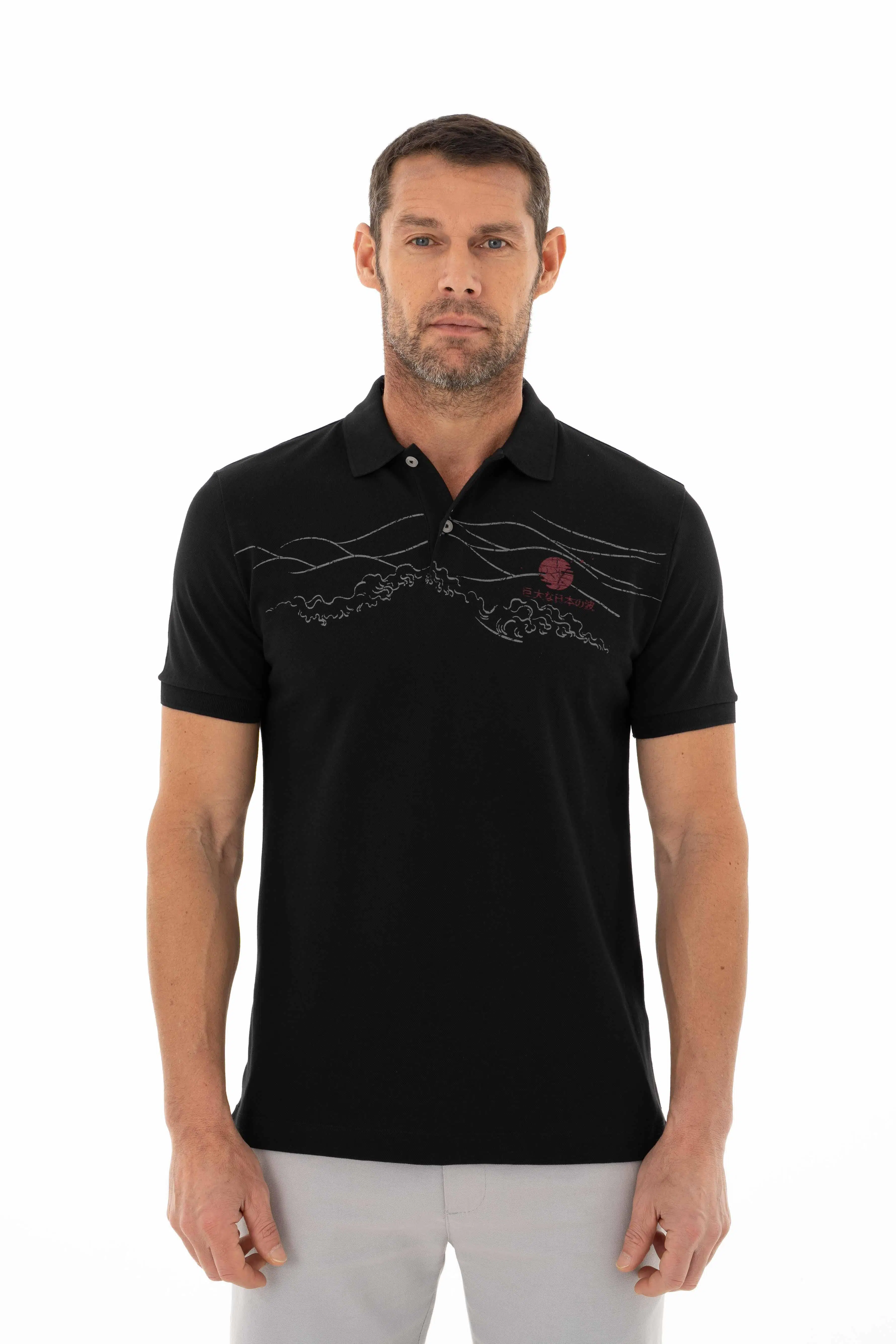 Ar-ma Erkek Polo Yaka Tişört Resim Baskili Regular Fit Tek Toplama Licrali Pike Y25374305301 - Siyah-S1