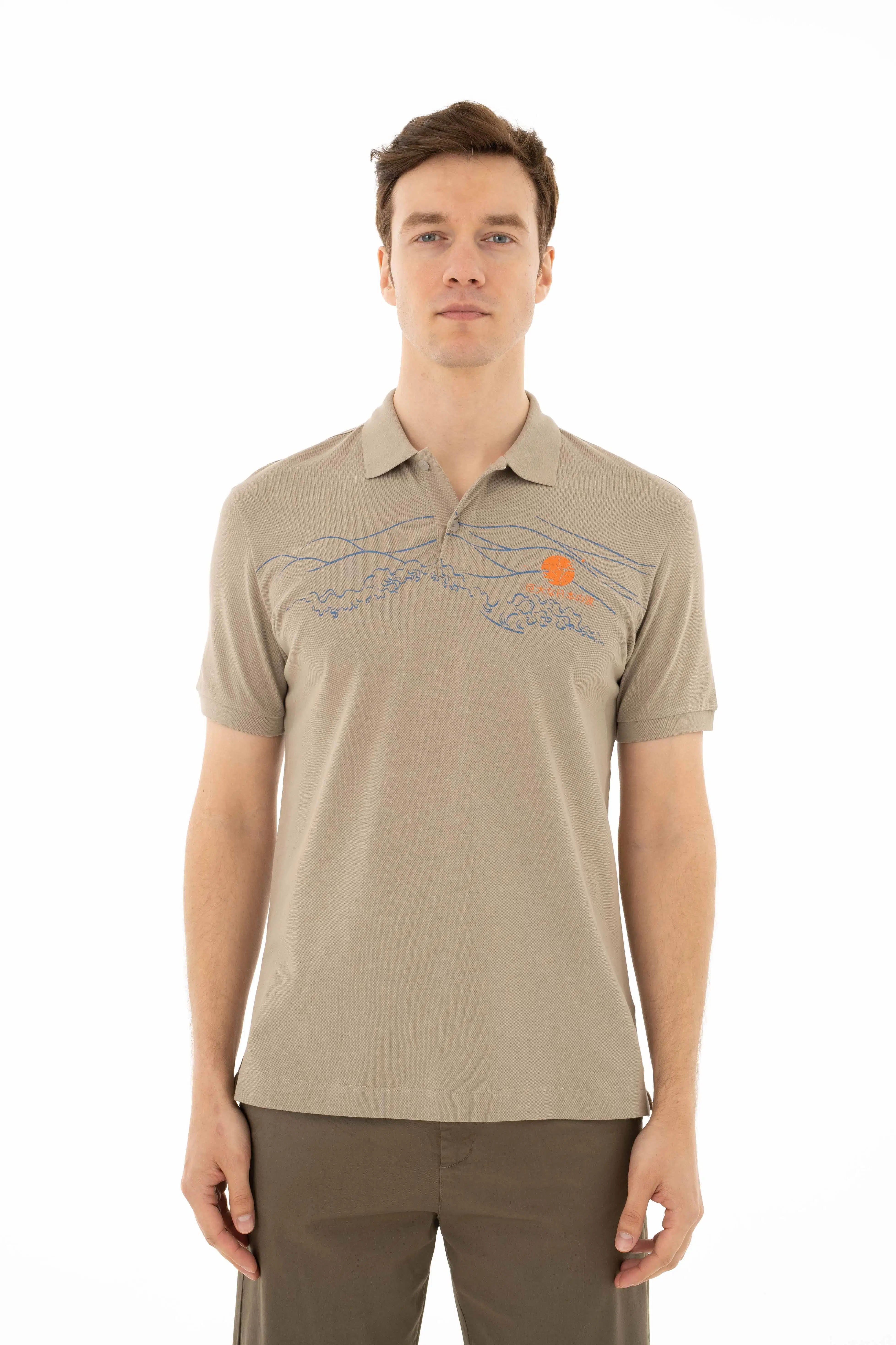 Ar-ma Erkek Polo Yaka Tişört Resim Baskili Regular Fit Tek Toplama Licrali Pike Y25374305301 - Gri-Bej G8