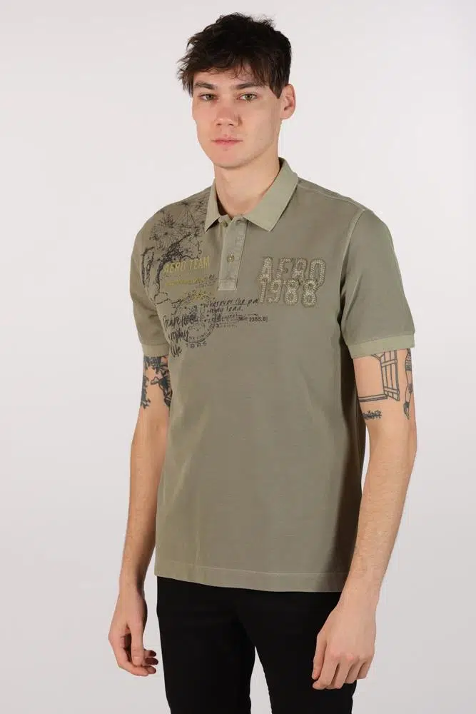 Ar-ma Erkek Polo Yaka Tişört Yazi Baskili Regular Fit Çift Toplama Penye Pike Y22374375001 - Haki-H1