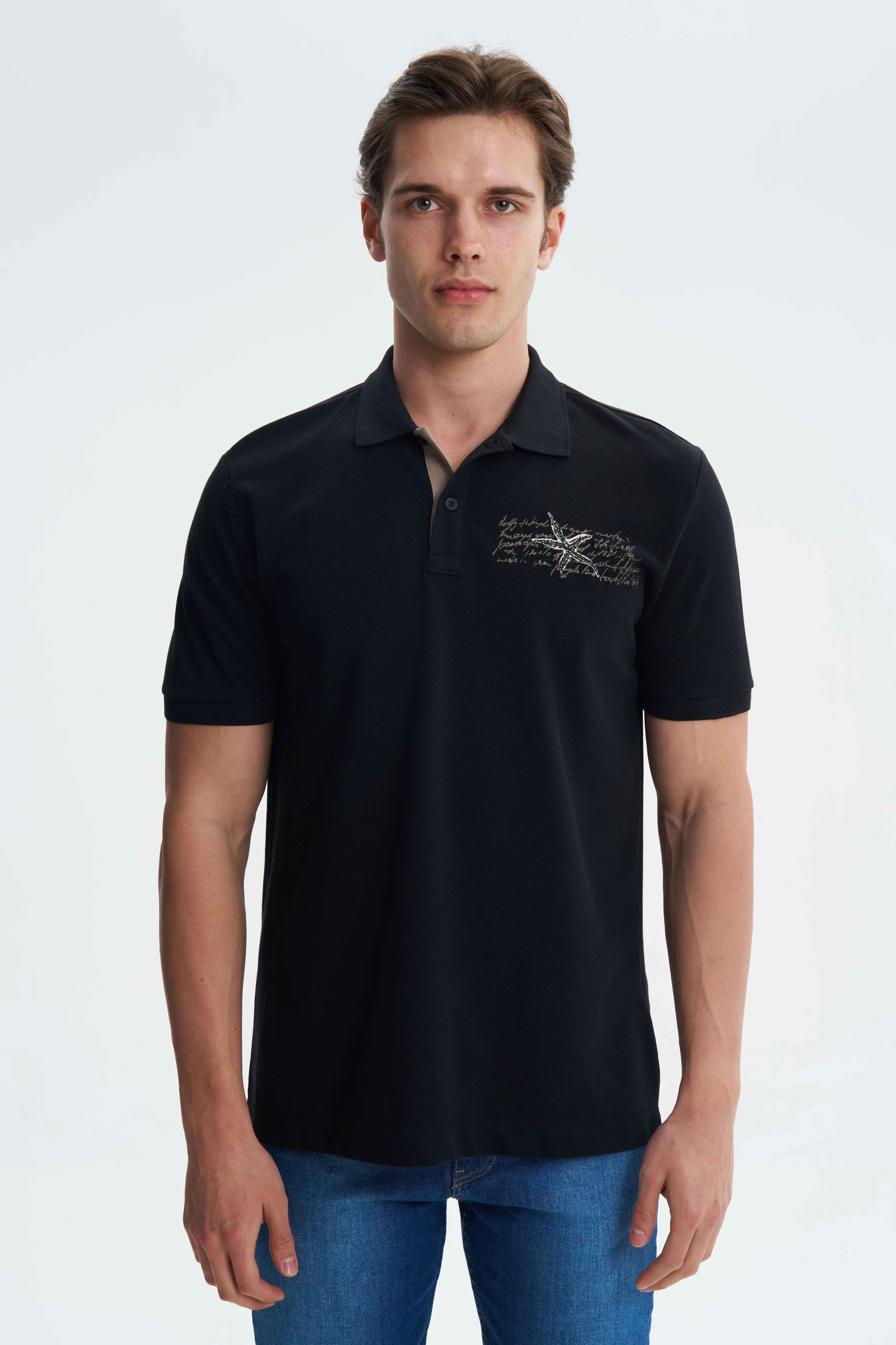 Ar-ma Erkek Polo Yaka Tişört Yazi Baskili Regular Fit Çift Toplama Penye Pike Y27374353501 - Siyah-S1