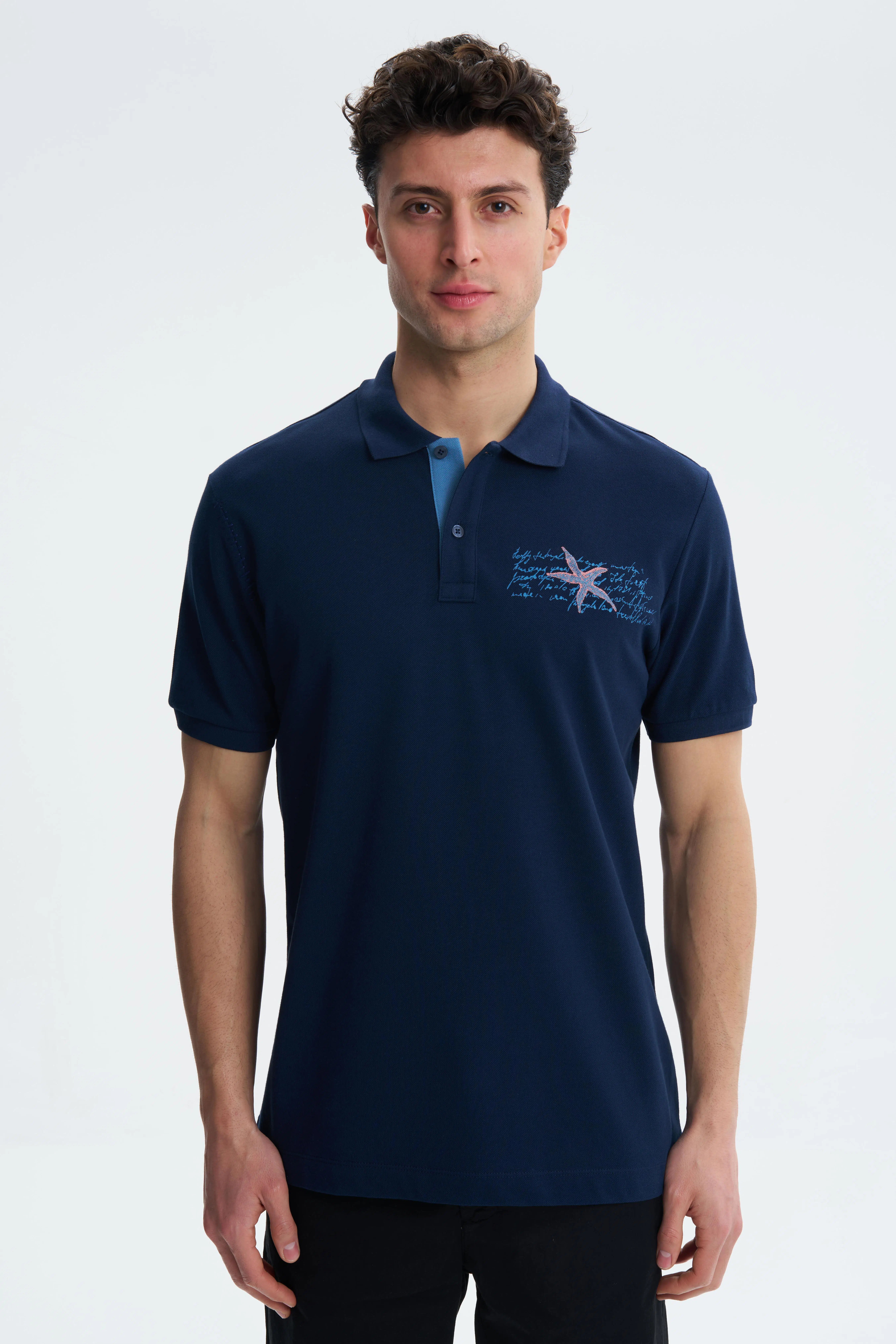 Ar-ma Erkek Polo Yaka Tişört Yazi Baskili Regular Fit Çift Toplama Penye Pike Y27374353501 - Lacivert-L1