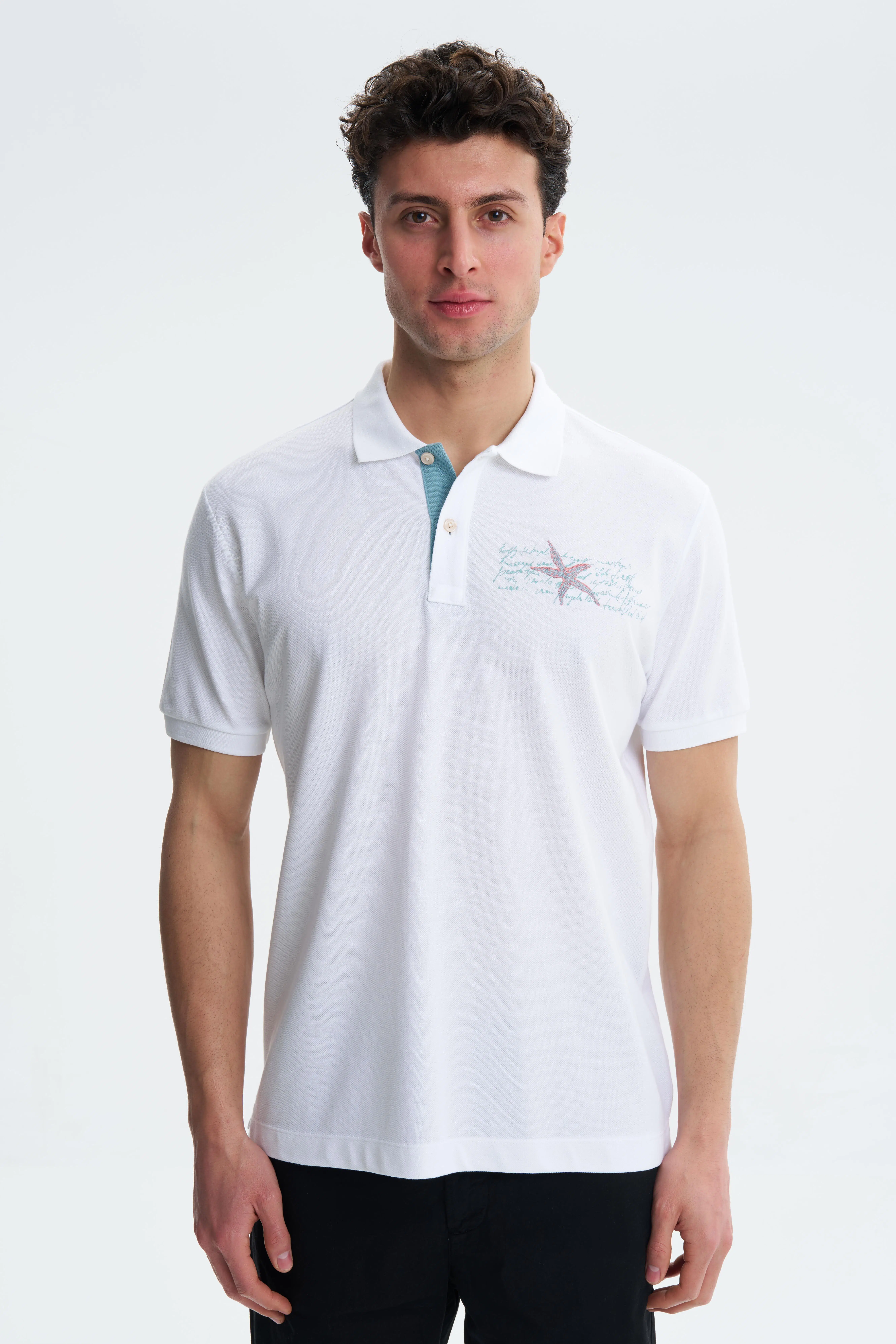 Ar-ma Erkek Polo Yaka Tişört Yazi Baskili Regular Fit Çift Toplama Penye Pike Y27374353501 - Beyaz-B1