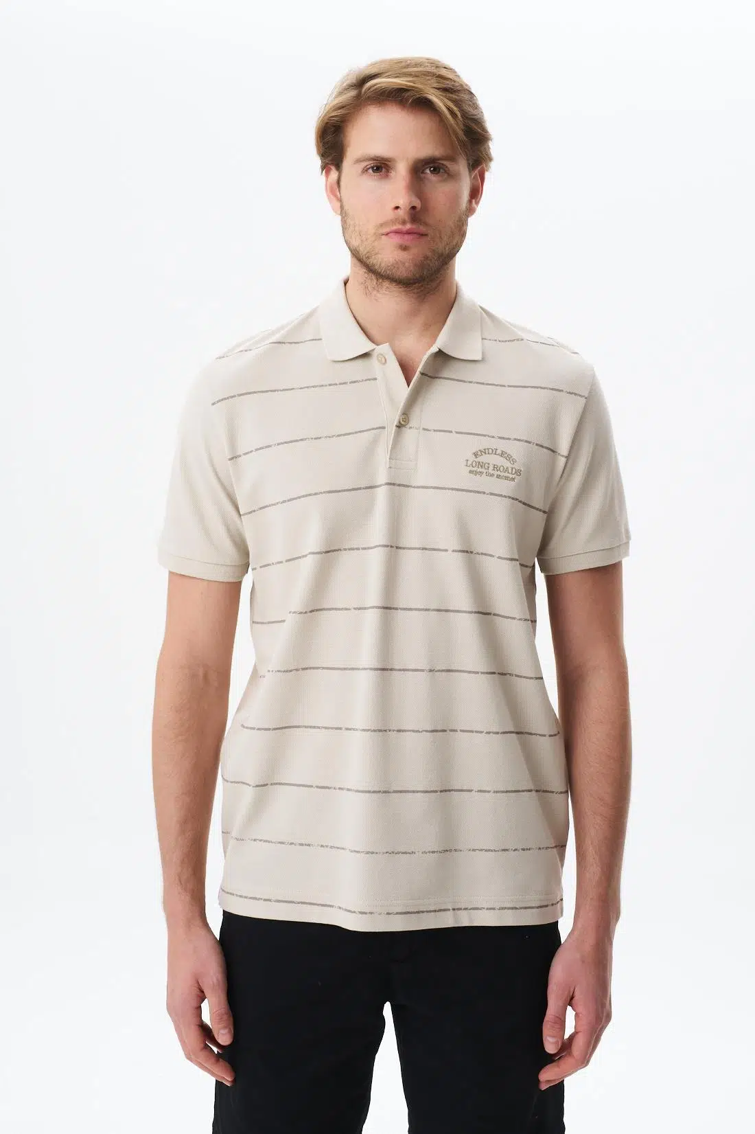 Ar-ma Erkek Polo Yaka Tişört Yazi Baskili Regular Fit Çift Toplama Penye Pike Y29374355702 - Bej-B1