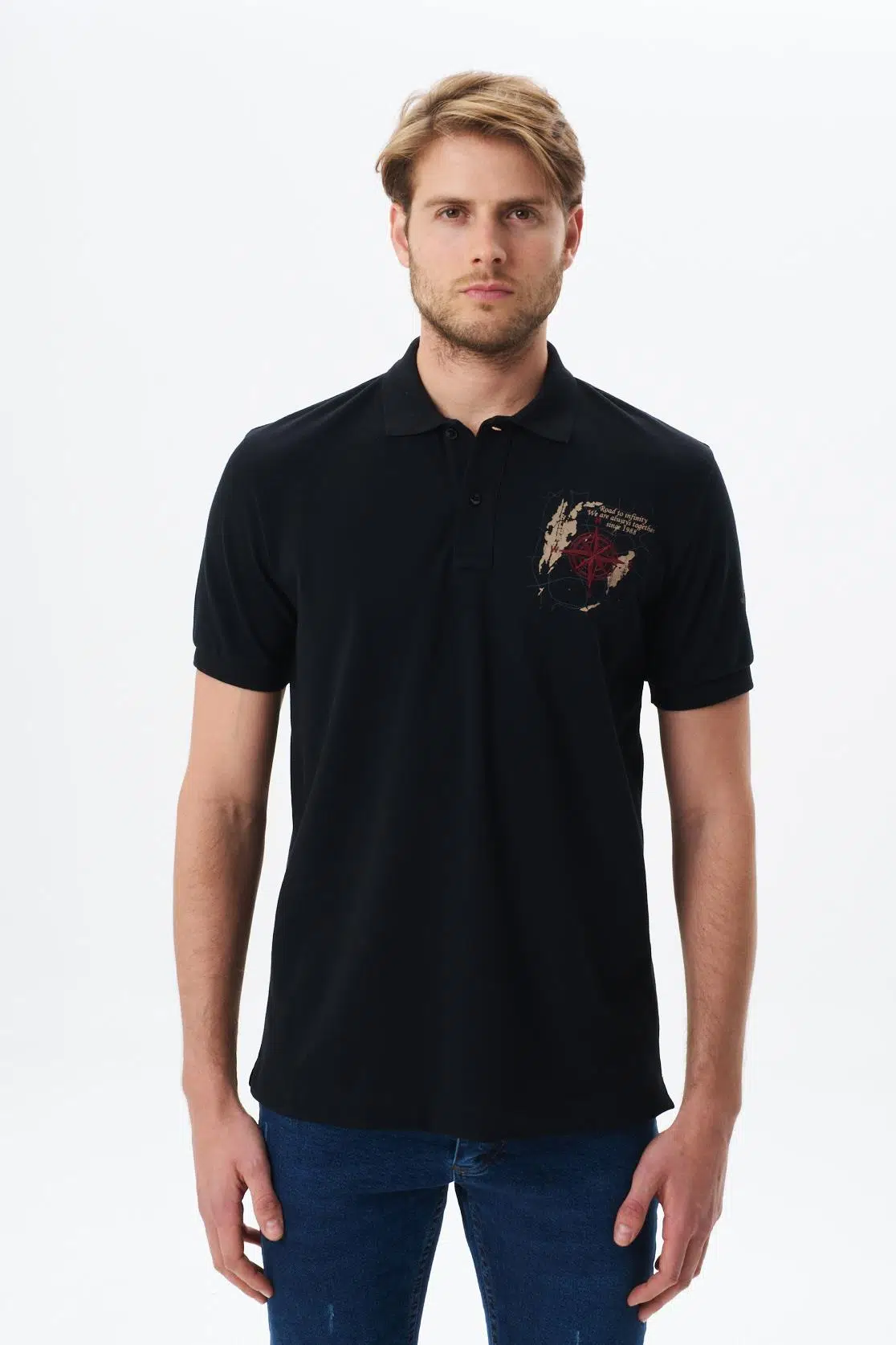 Ar-ma Erkek Polo Yaka Tişört Yazi Baskili Regular Fit Çift Toplama Penye Pike Y29374356202 - Siyah-S1