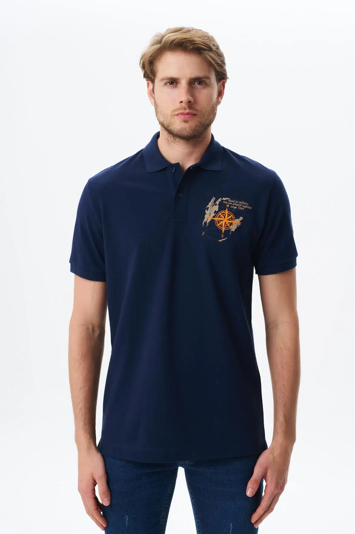 Ar-ma Erkek Polo Yaka Tişört Yazi Baskili Regular Fit Çift Toplama Penye Pike Y29374356202 - Lacivert-L1