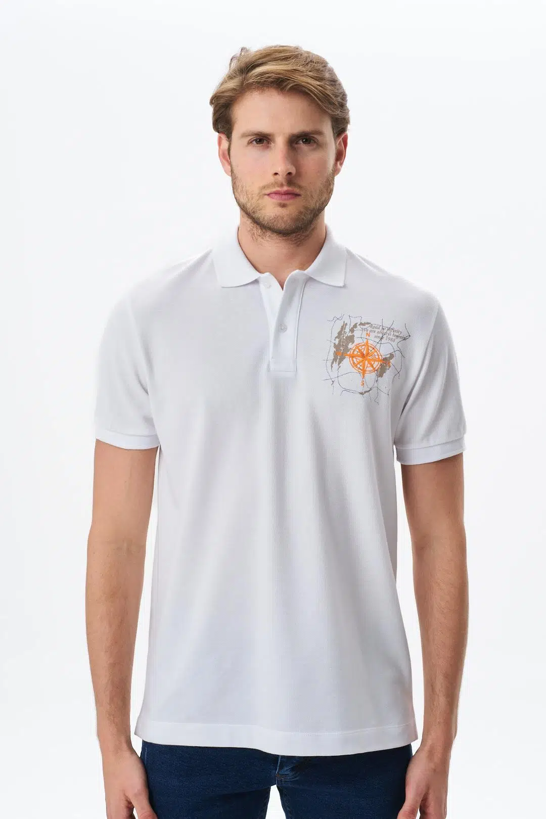 Ar-ma Erkek Polo Yaka Tişört Yazi Baskili Regular Fit Çift Toplama Penye Pike Y29374356202 - Beyaz-B1