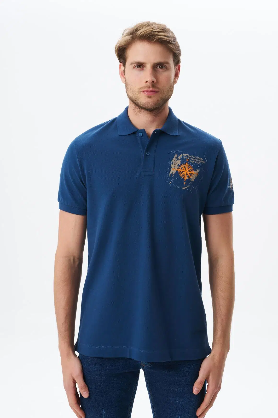 Ar-ma Erkek Polo Yaka Tişört Yazi Baskili Regular Fit Çift Toplama Penye Pike Y29374356202 - İndigo-İ1