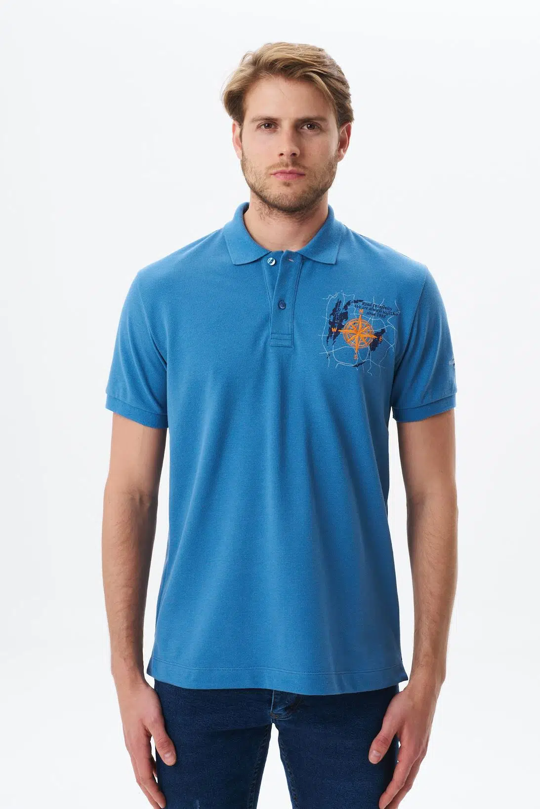 Ar-ma Erkek Polo Yaka Tişört Yazi Baskili Regular Fit Çift Toplama Penye Pike Y29374356202 - Mavi-M2