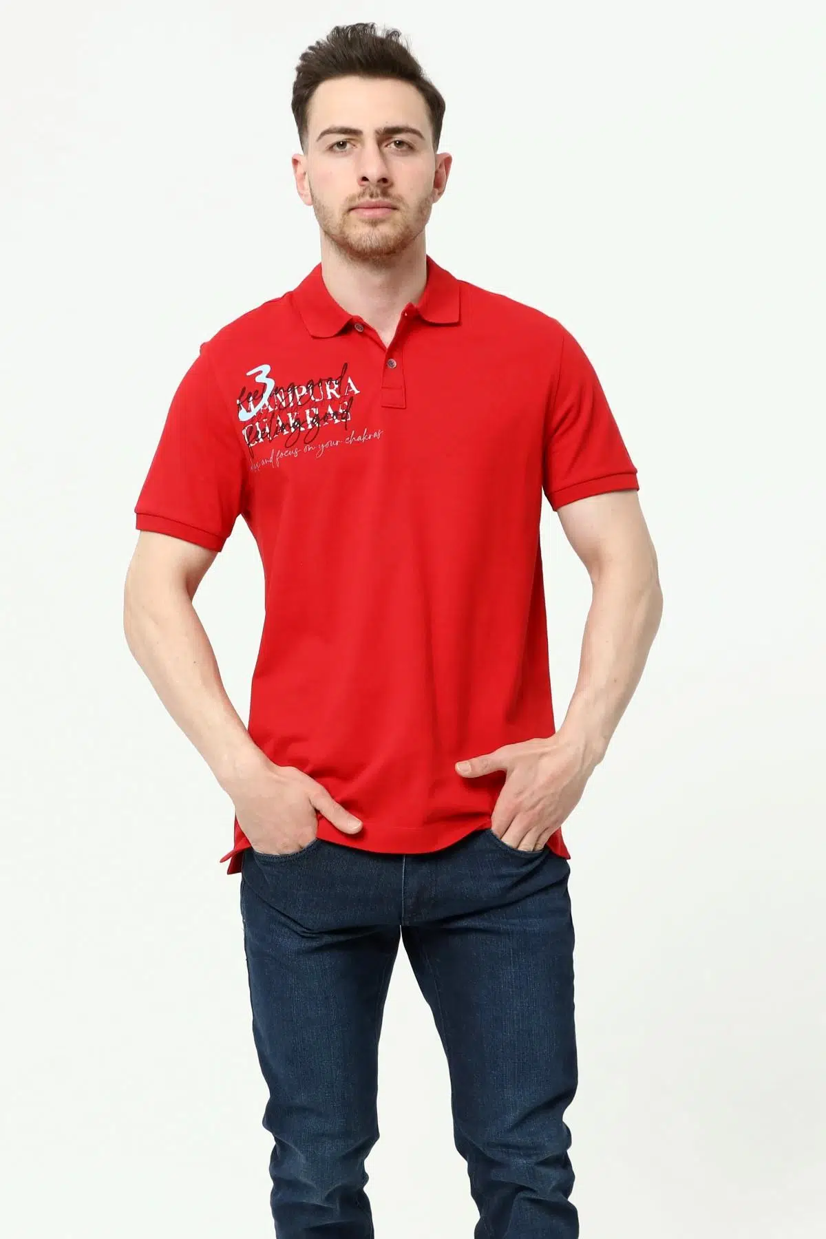 Ar-ma Erkek Polo Yaka Tişört Yazi Baskili Örme Kumaş Regular Fit %95 Pamuk %5 Likra 30/1 Tek Toplama Licrali Pike Y22374300701 - Kırmızı-K1