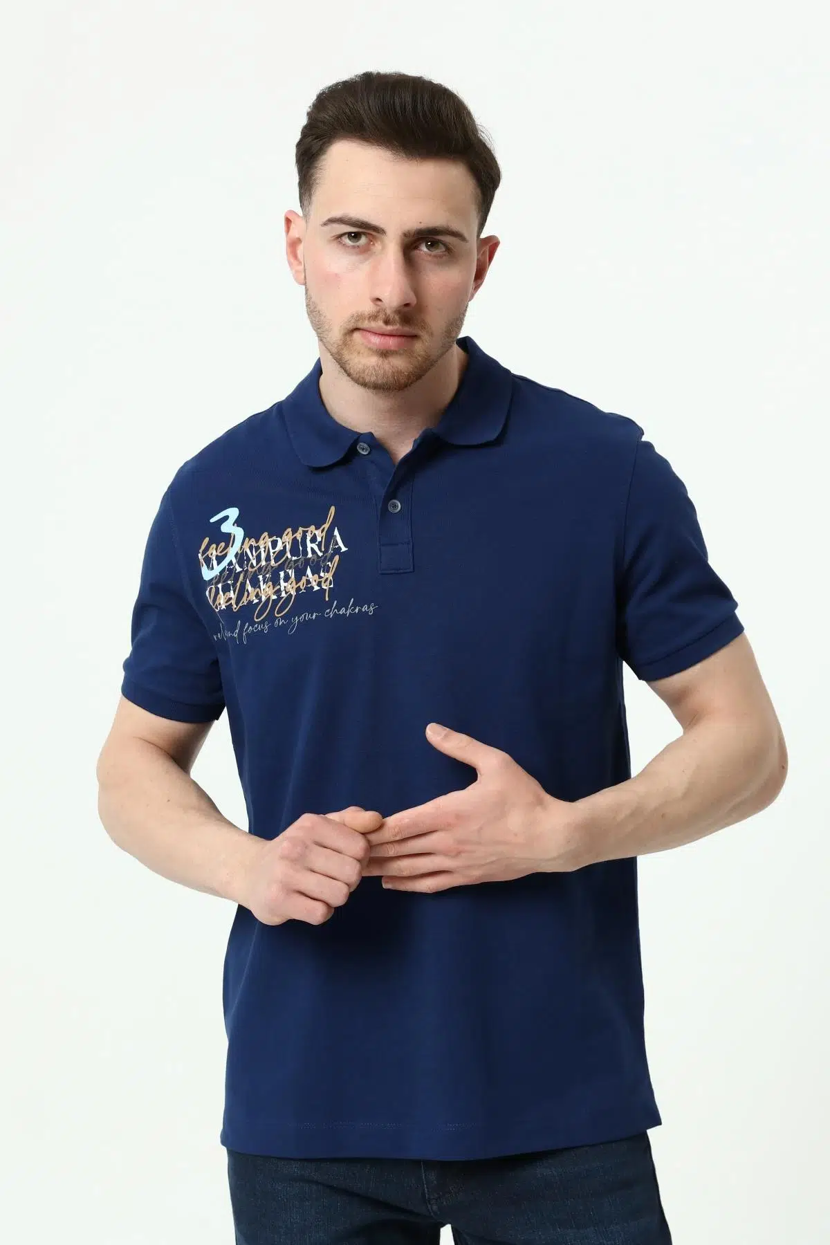 Ar-ma Erkek Polo Yaka Tişört Yazi Baskili Örme Kumaş Regular Fit %95 Pamuk %5 Likra 30/1 Tek Toplama Licrali Pike Y22374300701 - İndigo-İ1