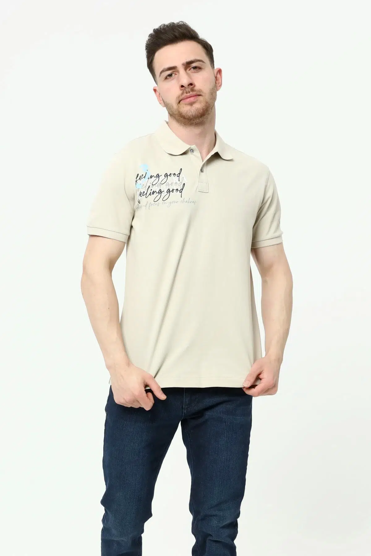 Ar-ma Erkek Polo Yaka Tişört Yazi Baskili Örme Kumaş Regular Fit %95 Pamuk %5 Likra 30/1 Tek Toplama Licrali Pike Y22374300701 - Bej-B1