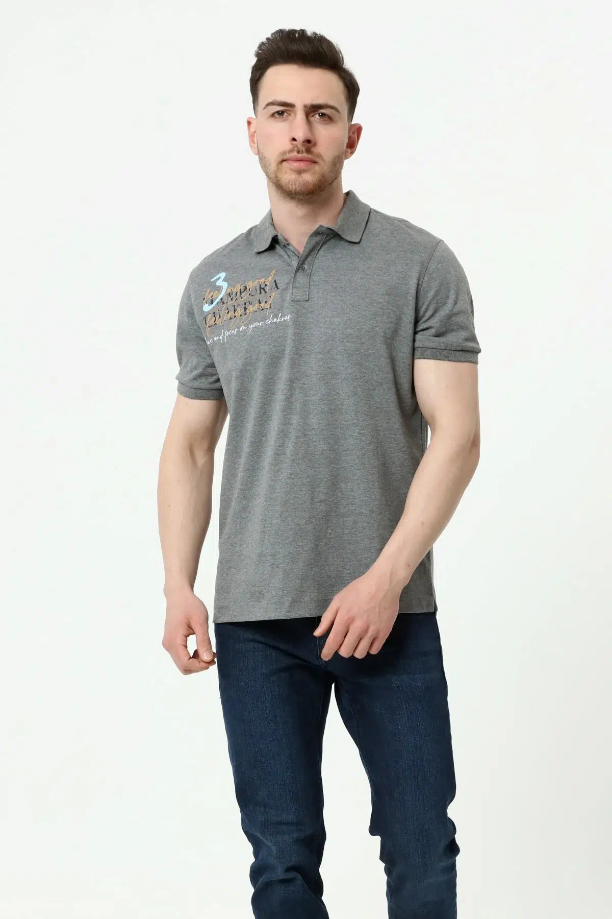Ar-ma Erkek Polo Yaka Tişört Yazi Baskili Örme Kumaş Regular Fit %95 Pamuk %5 Likra 30/1 Tek Toplama Licrali Pike Y22374300701 - Gri-G1