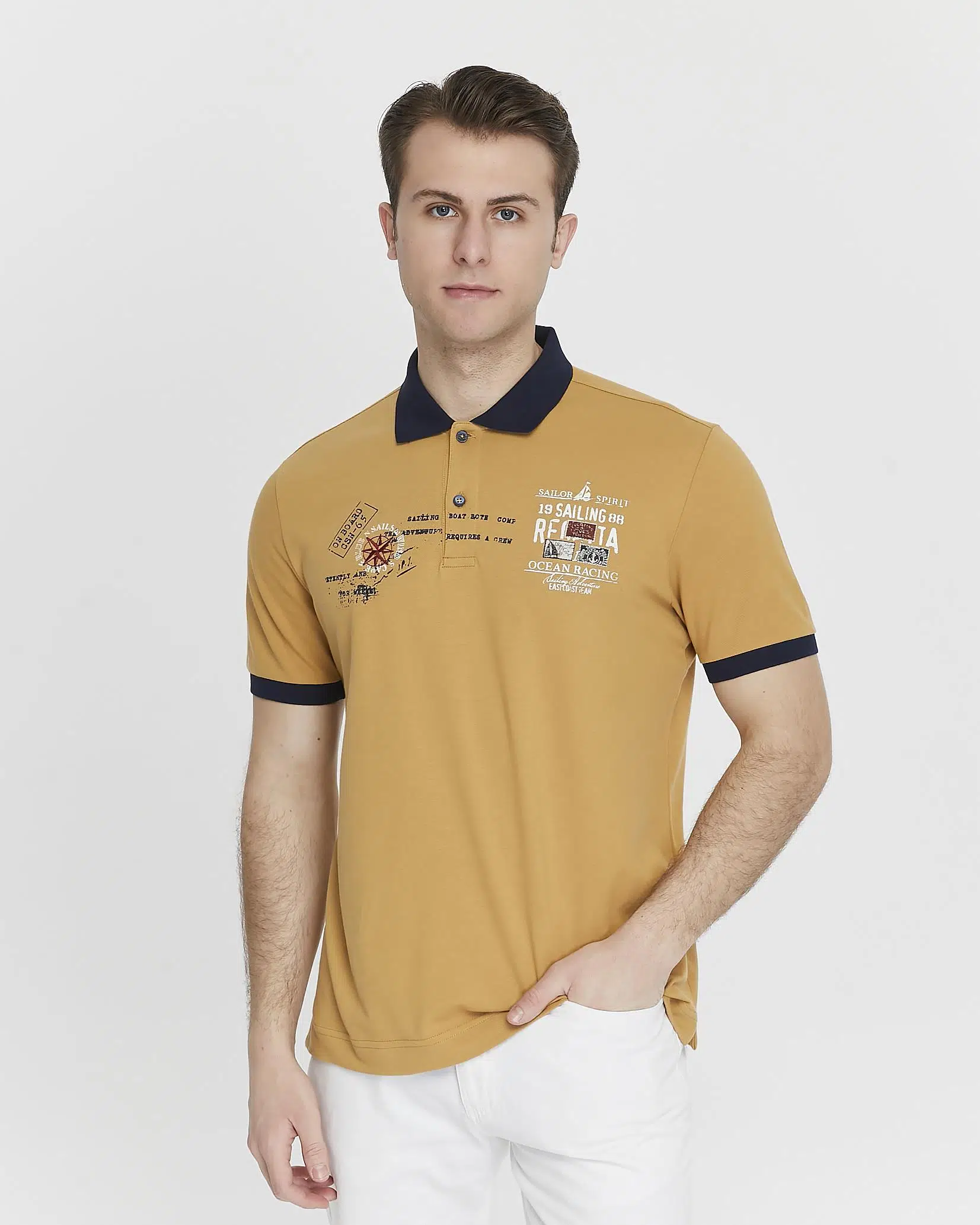 Ar-ma Erkek Polo Yaka Tişört Yazi Baskili Örme Kumaş Regular Fit %95 Pamuk %5 Likra 30/1 Tek Toplama Licrali Pike Y27374308801 - Hardal Sarısı-H1