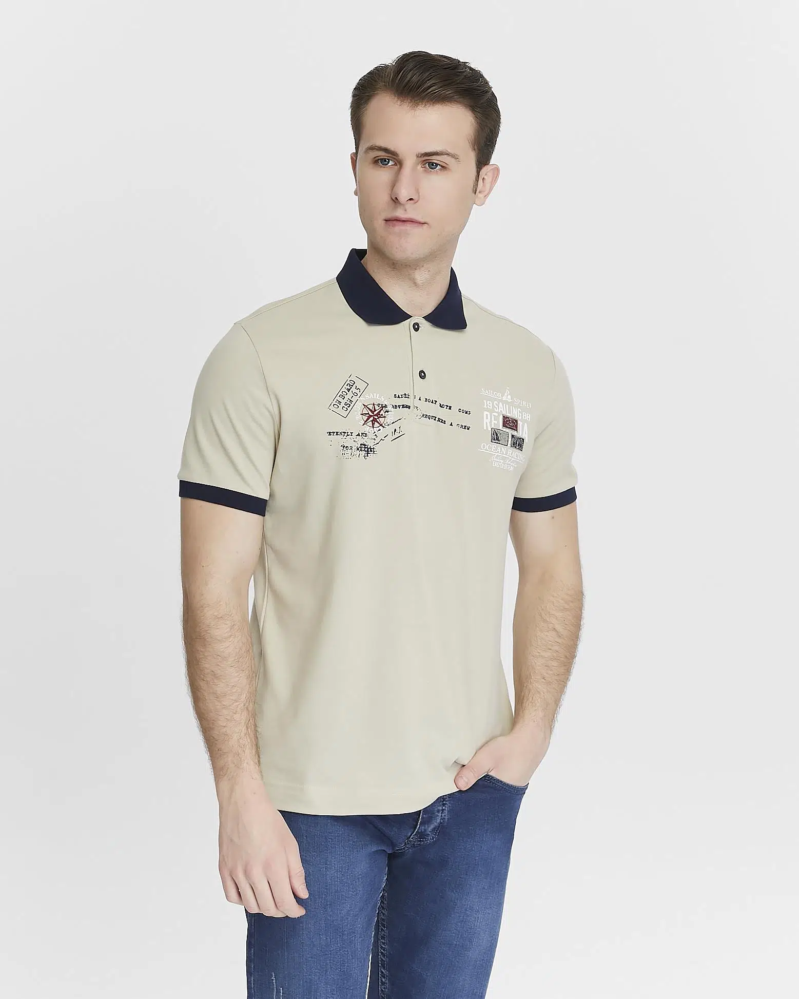 Ar-ma Erkek Polo Yaka Tişört Yazi Baskili Örme Kumaş Regular Fit %95 Pamuk %5 Likra 30/1 Tek Toplama Licrali Pike Y27374308801 - Bej-B1