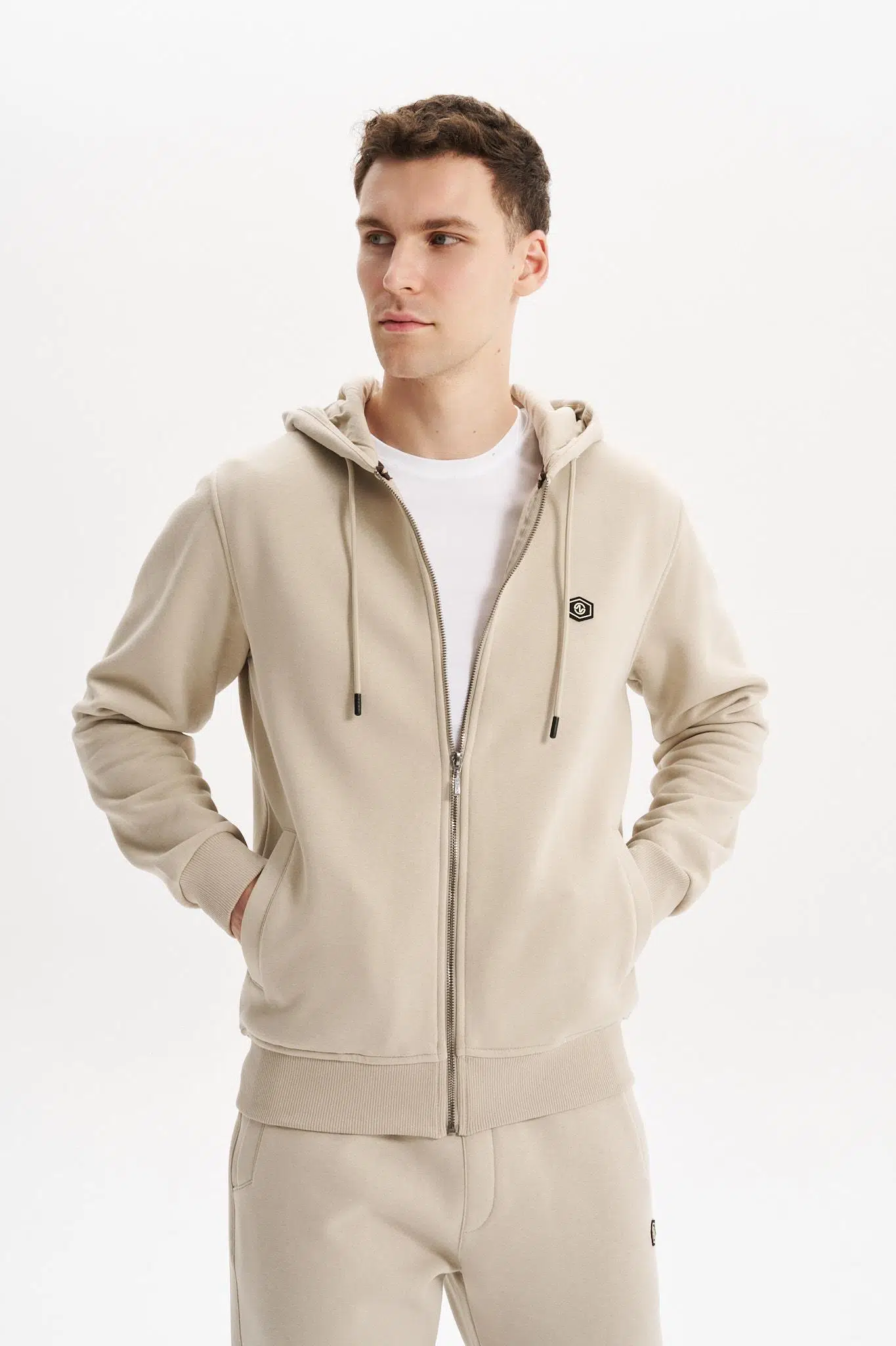 Ar-ma Erkek Tam Fermuar Sweatshirt Basic Baskisiz Kapşonlu Fleto Cepli Örme Kumaş Büyük Beden %70 Pamuk %30 Polyester 30/1 Şardonlu Üç İplik K30324801502 - Bej-B1