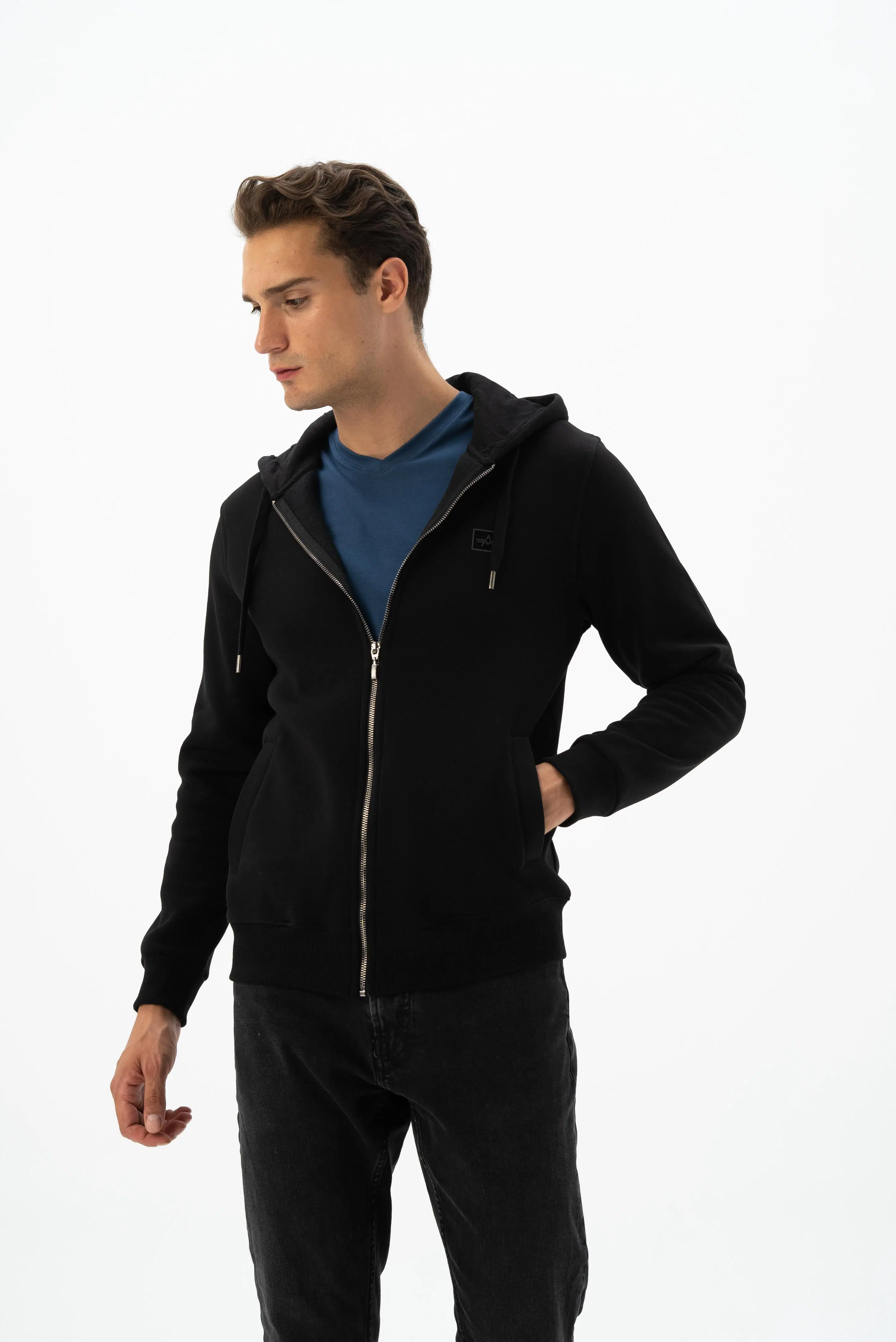 Ar-ma Erkek Tam Fermuar Sweatshirt Basic Baskisiz Kapşonlu Fleto Cepli Regular Fit Şardonlu Üç İplik K24324935801 - Siyah-S1