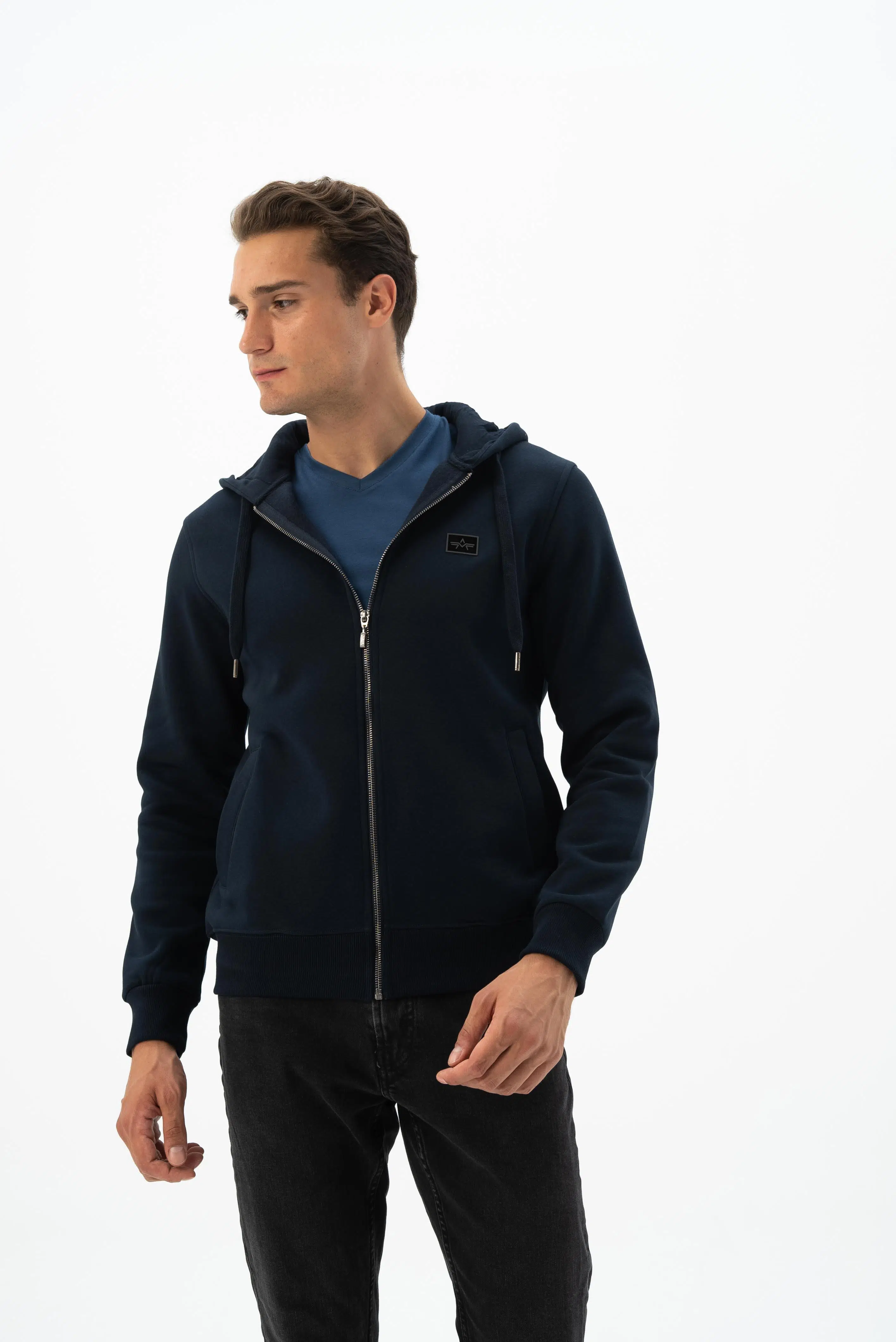 Ar-ma Erkek Tam Fermuar Sweatshirt Basic Baskisiz Kapşonlu Fleto Cepli Regular Fit Şardonlu Üç İplik K24324935801 - Lacivert-L1