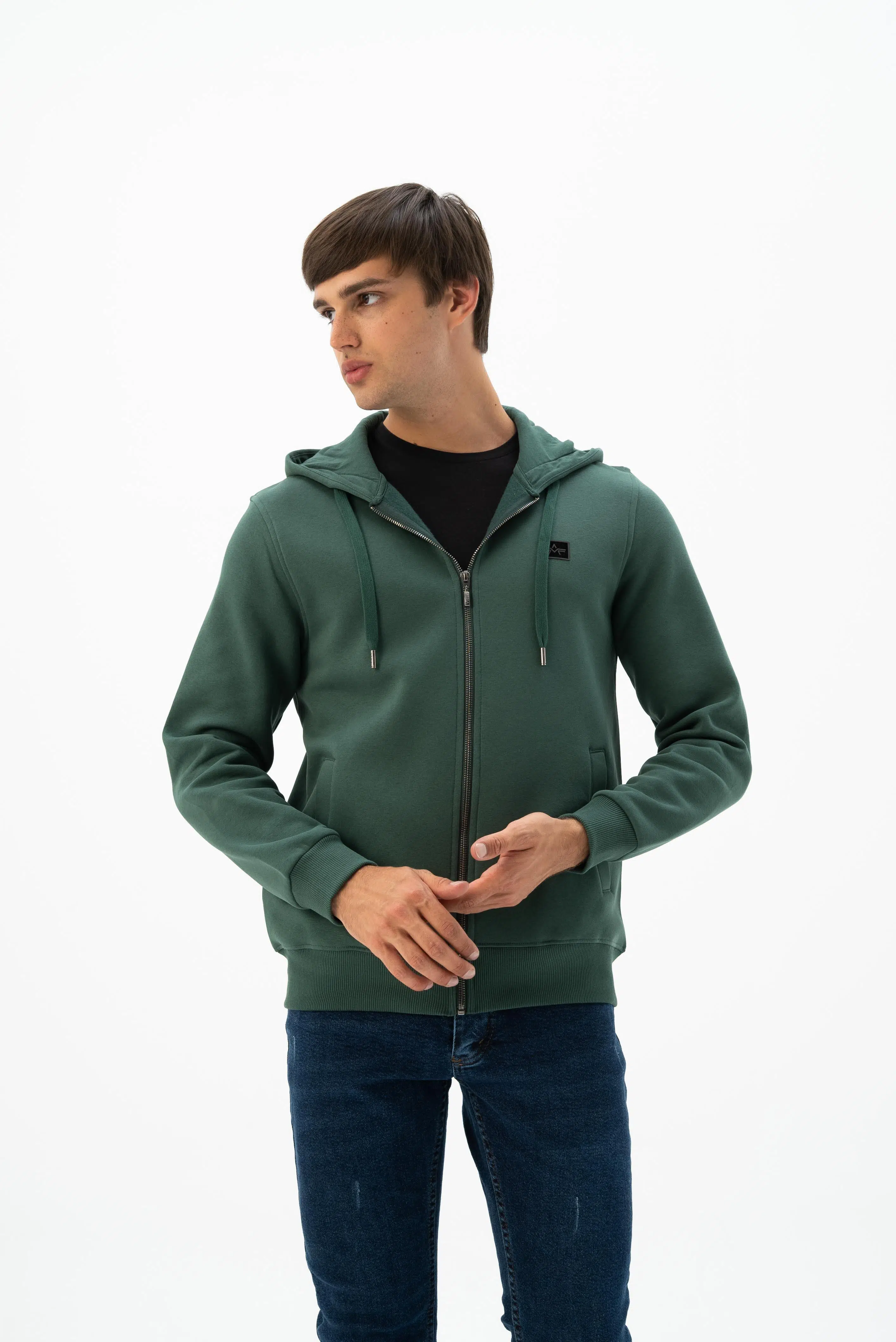 Ar-ma Erkek Tam Fermuar Sweatshirt Basic Baskisiz Kapşonlu Fleto Cepli Regular Fit Şardonlu Üç İplik K24324935801 - Yeşil-Y1