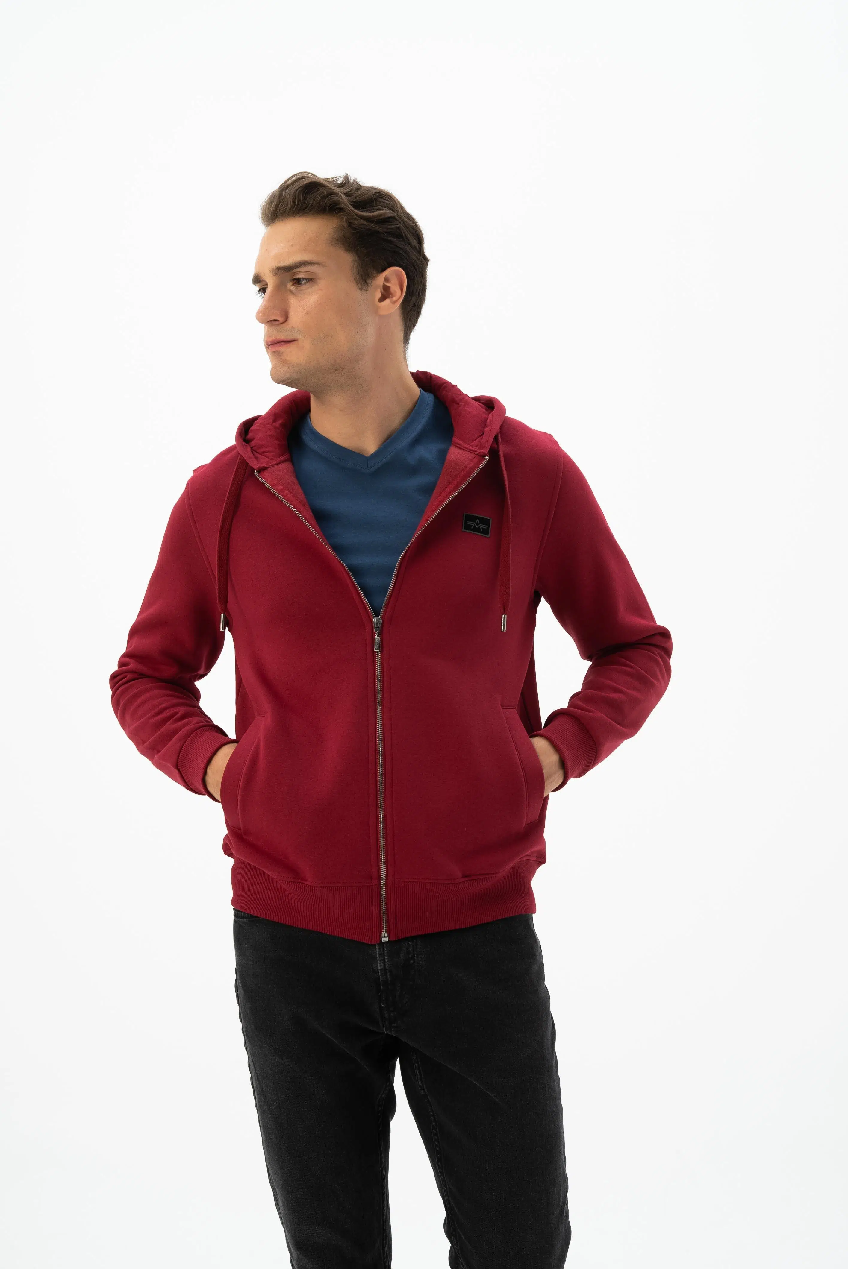 Ar-ma Erkek Tam Fermuar Sweatshirt Basic Baskisiz Kapşonlu Fleto Cepli Regular Fit Şardonlu Üç İplik K24324935801 - Kırmızı-K1