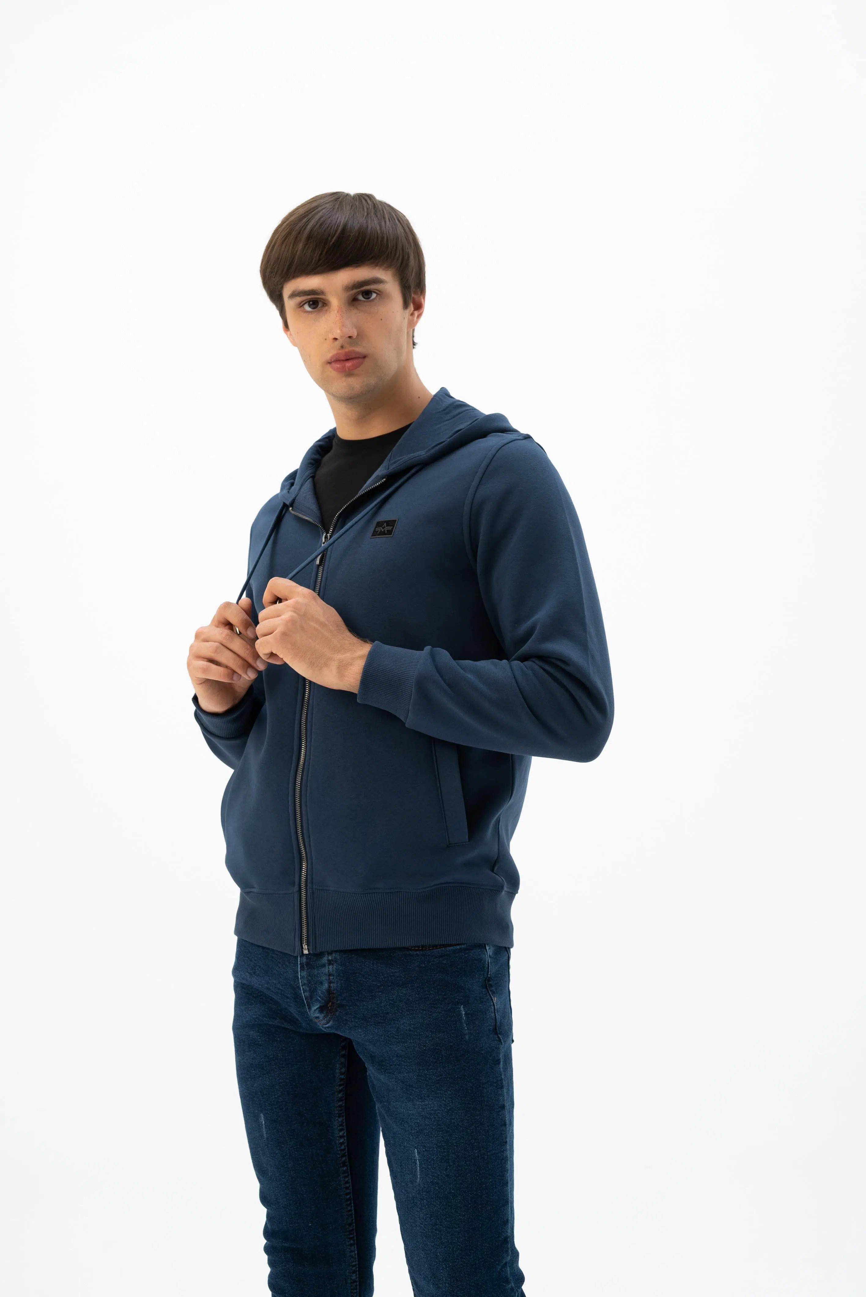 Ar-ma Erkek Tam Fermuar Sweatshirt Basic Baskisiz Kapşonlu Fleto Cepli Regular Fit Şardonlu Üç İplik K24324935801 - İndigo-İ1