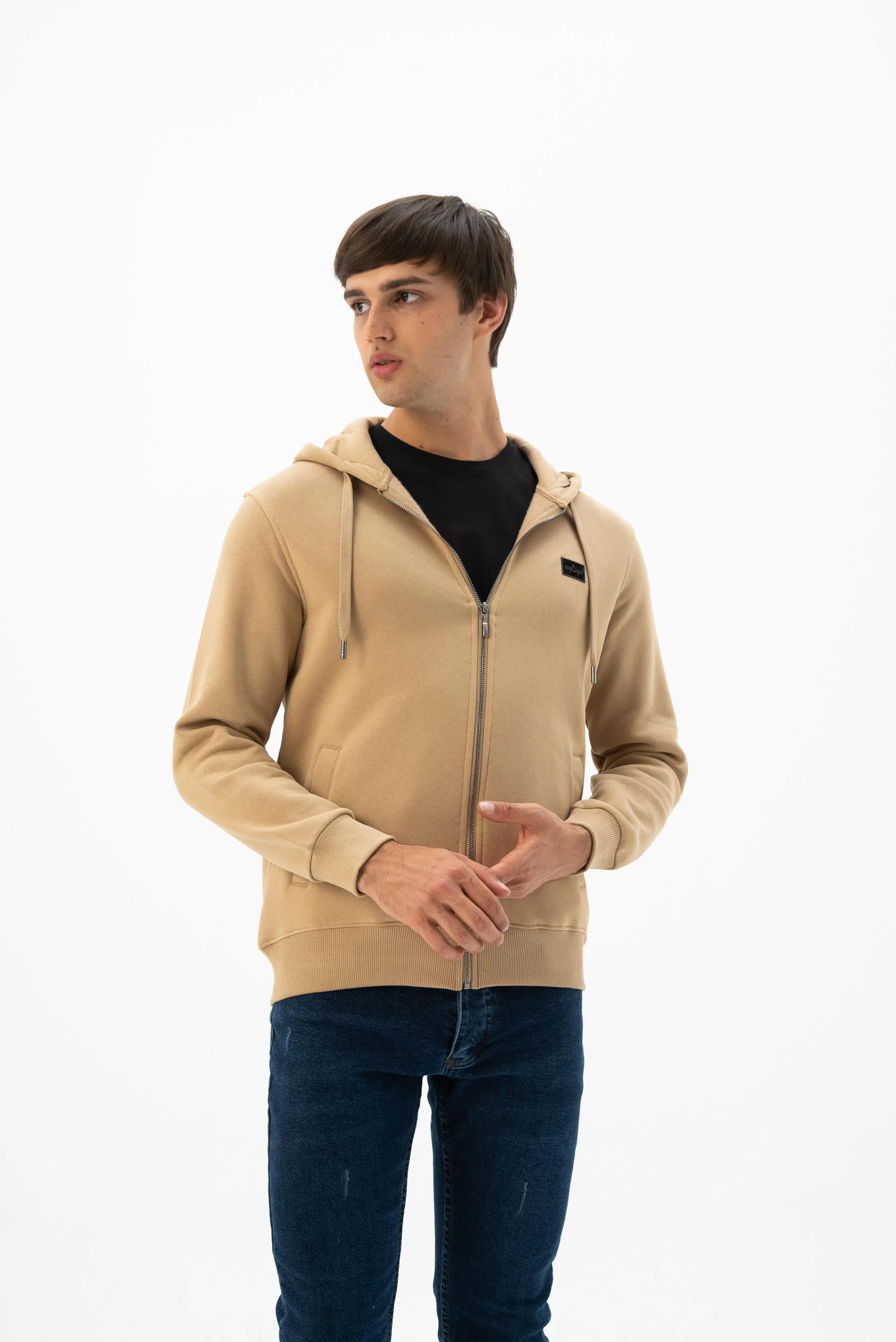 Ar-ma Erkek Tam Fermuar Sweatshirt Basic Baskisiz Kapşonlu Fleto Cepli Regular Fit Şardonlu Üç İplik K24324935801 - Bej-B2