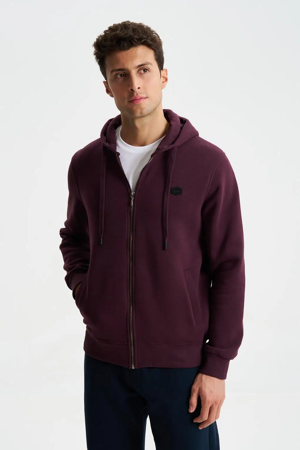 Ar-ma Erkek Tam Fermuar Sweatshirt Basic Baskisiz Kapşonlu Fleto Cepli Regular Fit Şardonlu Üç İplik K26324649801 - Bordo-B1