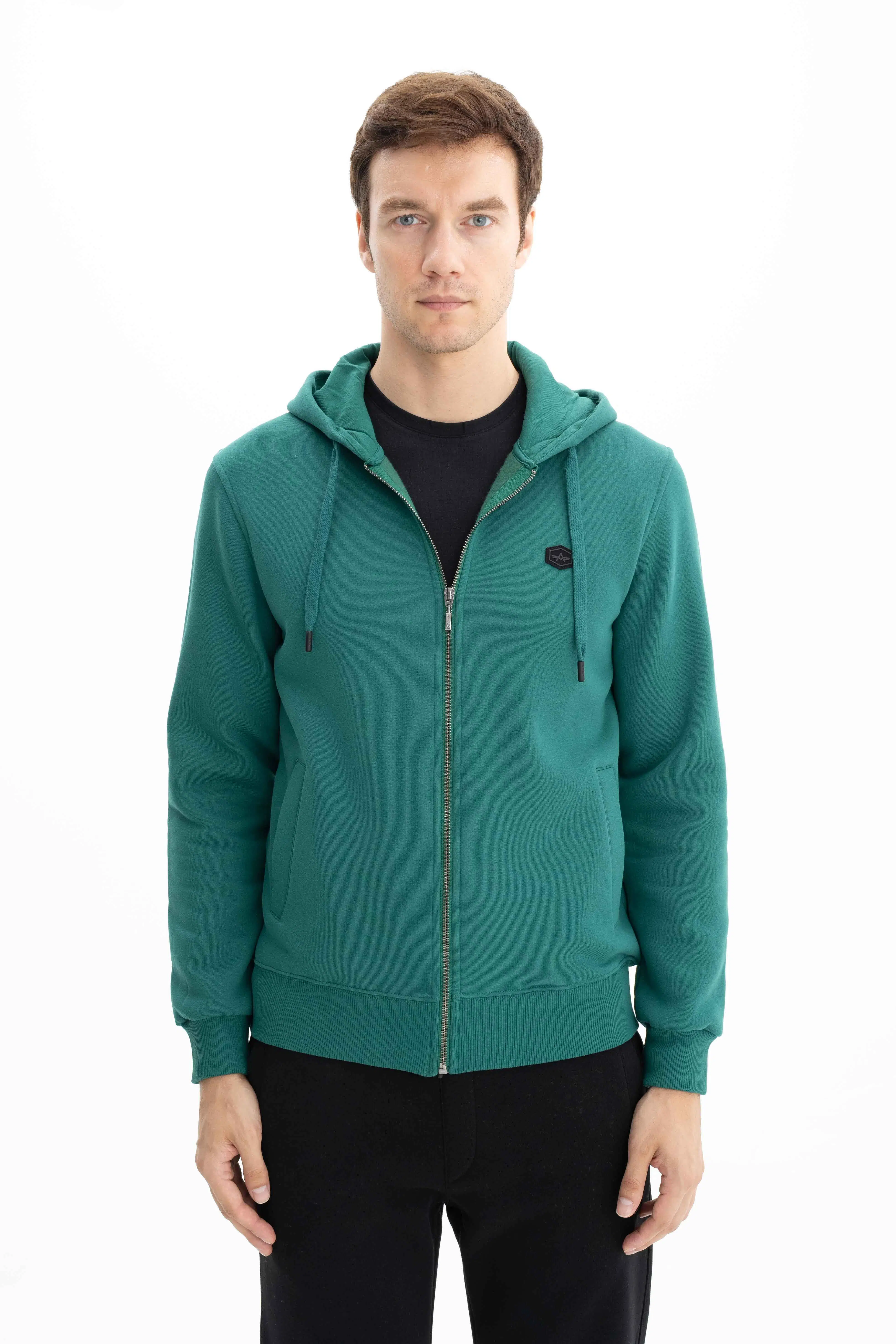 Ar-ma Erkek Tam Fermuar Sweatshirt Basic Baskisiz Kapşonlu Fleto Cepli Regular Fit Şardonlu Üç İplik K26324649801 - Yeşil-Y10