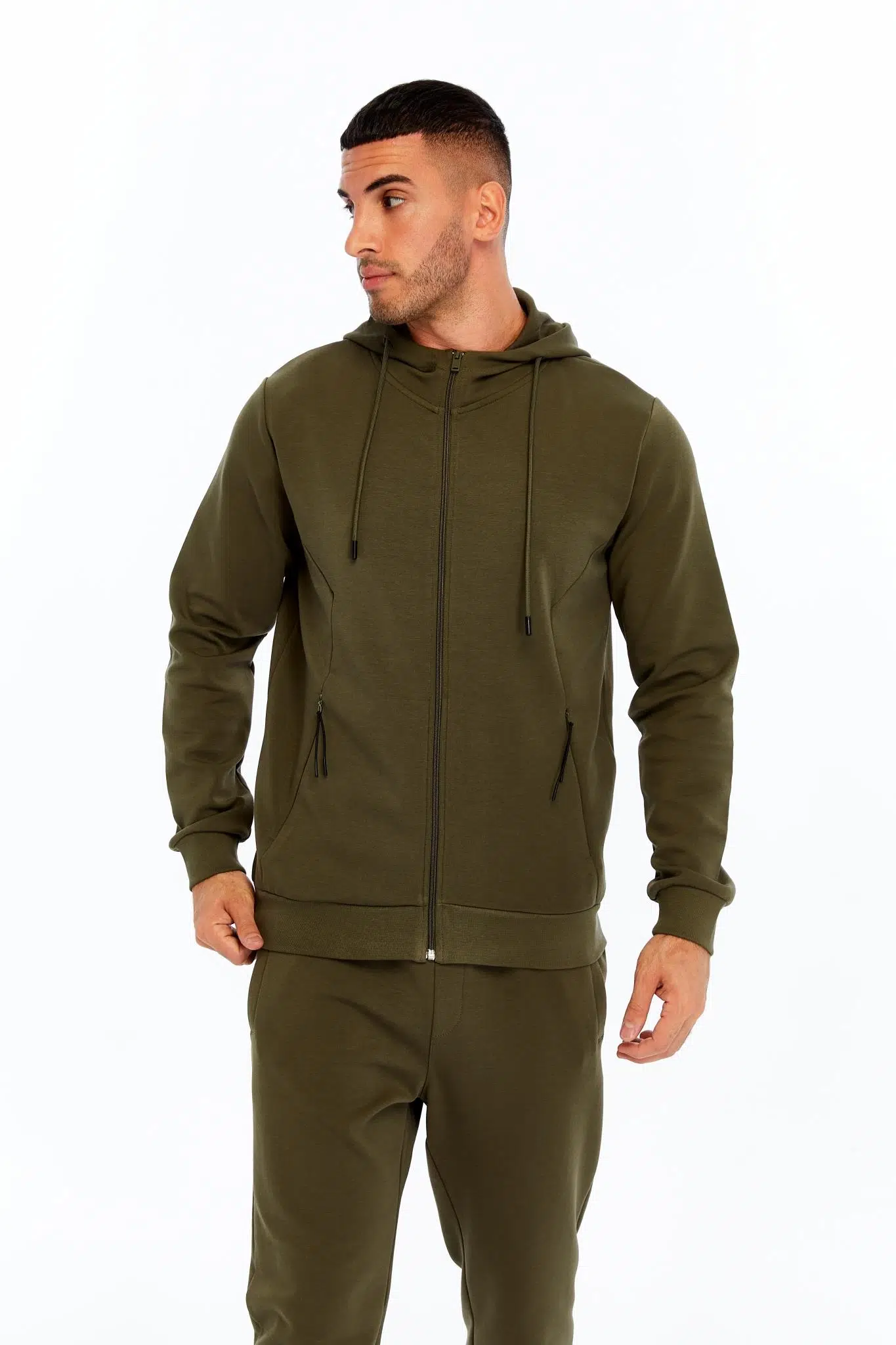 Ar-ma Erkek Tam Fermuar Sweatshirt Basic Baskisiz Kapşonlu Yandan Fermuar Cepli Slim Fit Scuba İnterlok K30324989702 - Haki-H1