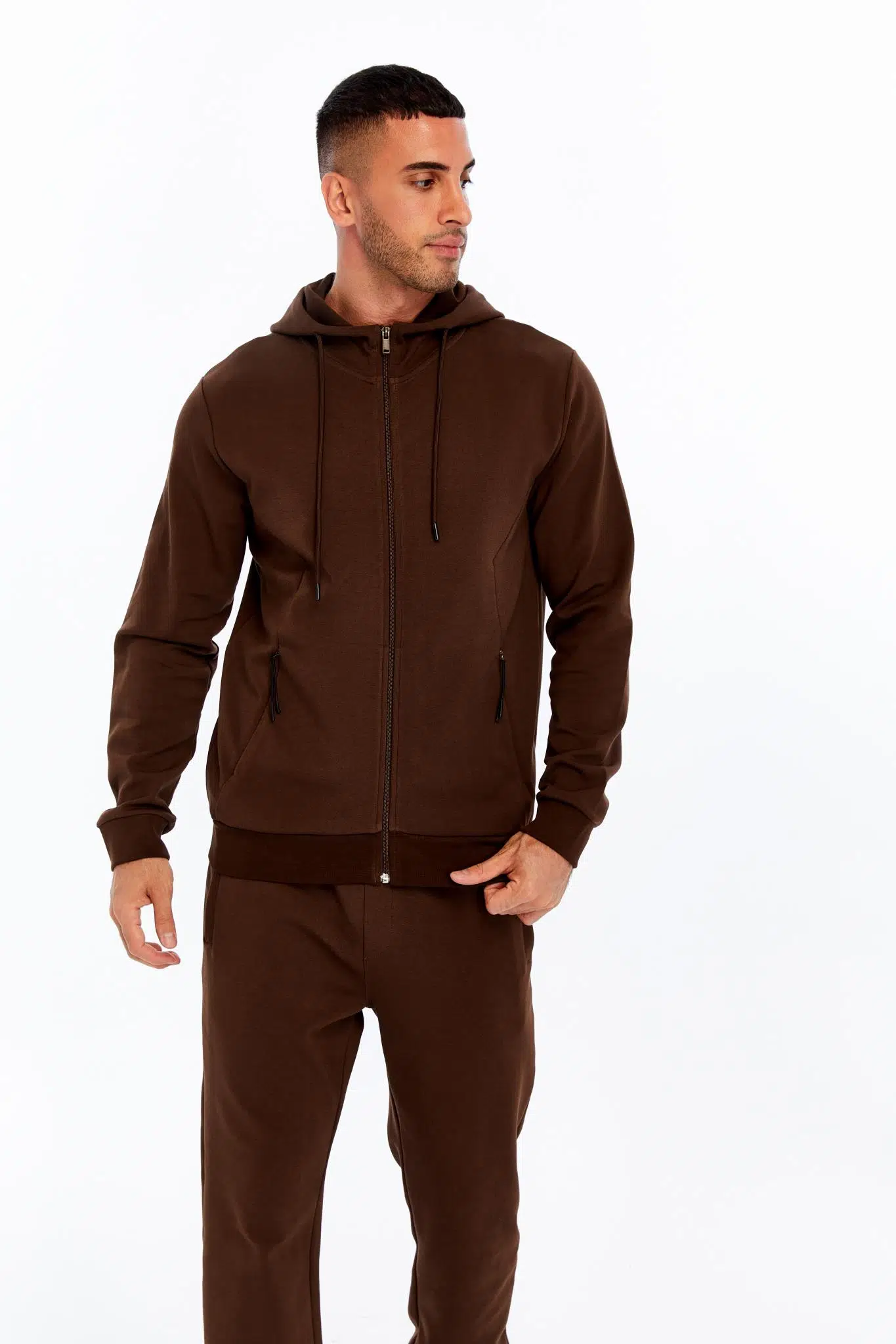 Ar-ma Erkek Tam Fermuar Sweatshirt Basic Baskisiz Kapşonlu Yandan Fermuar Cepli Slim Fit Scuba İnterlok K30324989702 - Kahverengi-K1