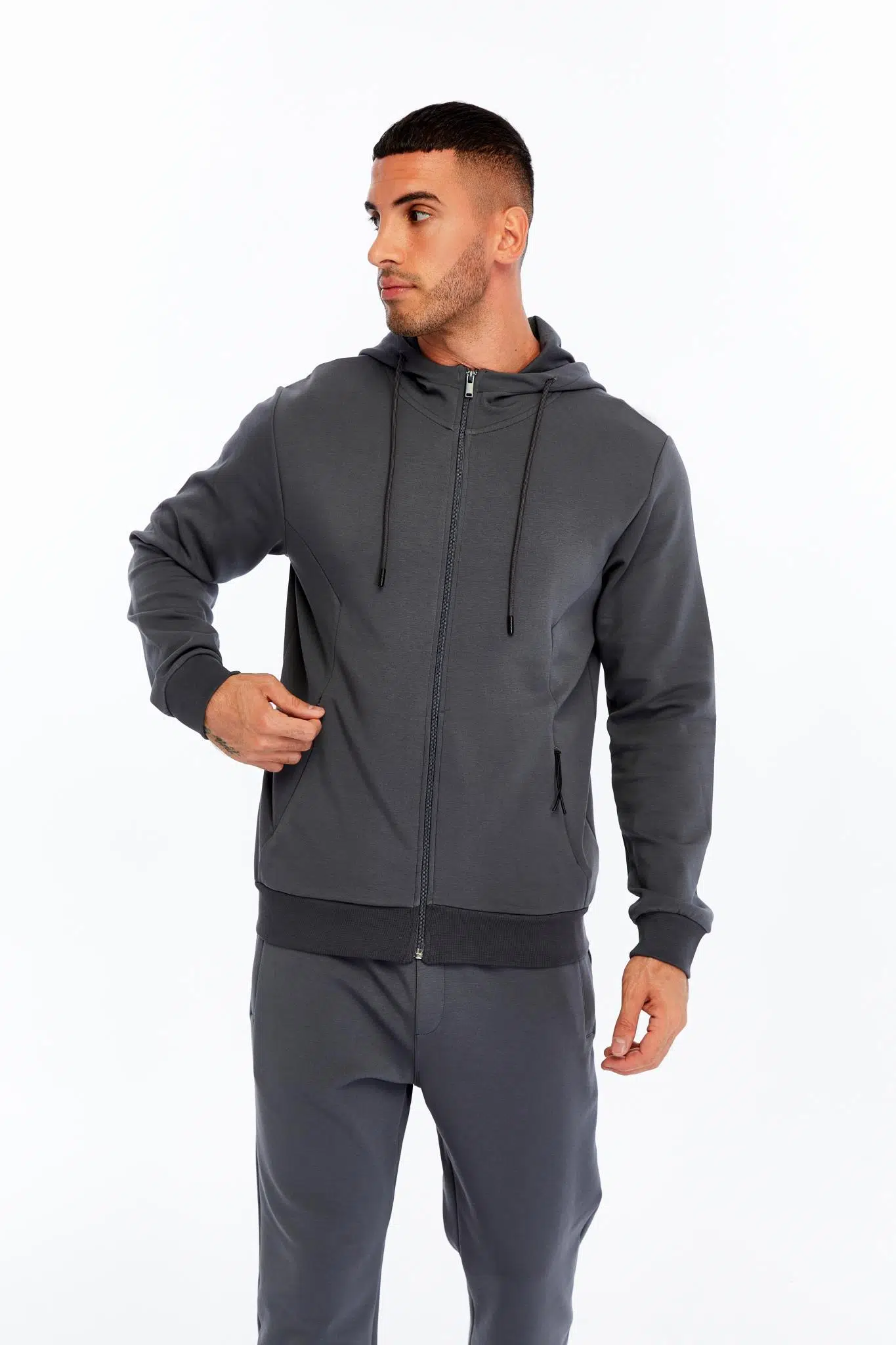 Ar-ma Erkek Tam Fermuar Sweatshirt Basic Baskisiz Kapşonlu Yandan Fermuar Cepli Slim Fit Scuba İnterlok K30324989702 - Gri-G3