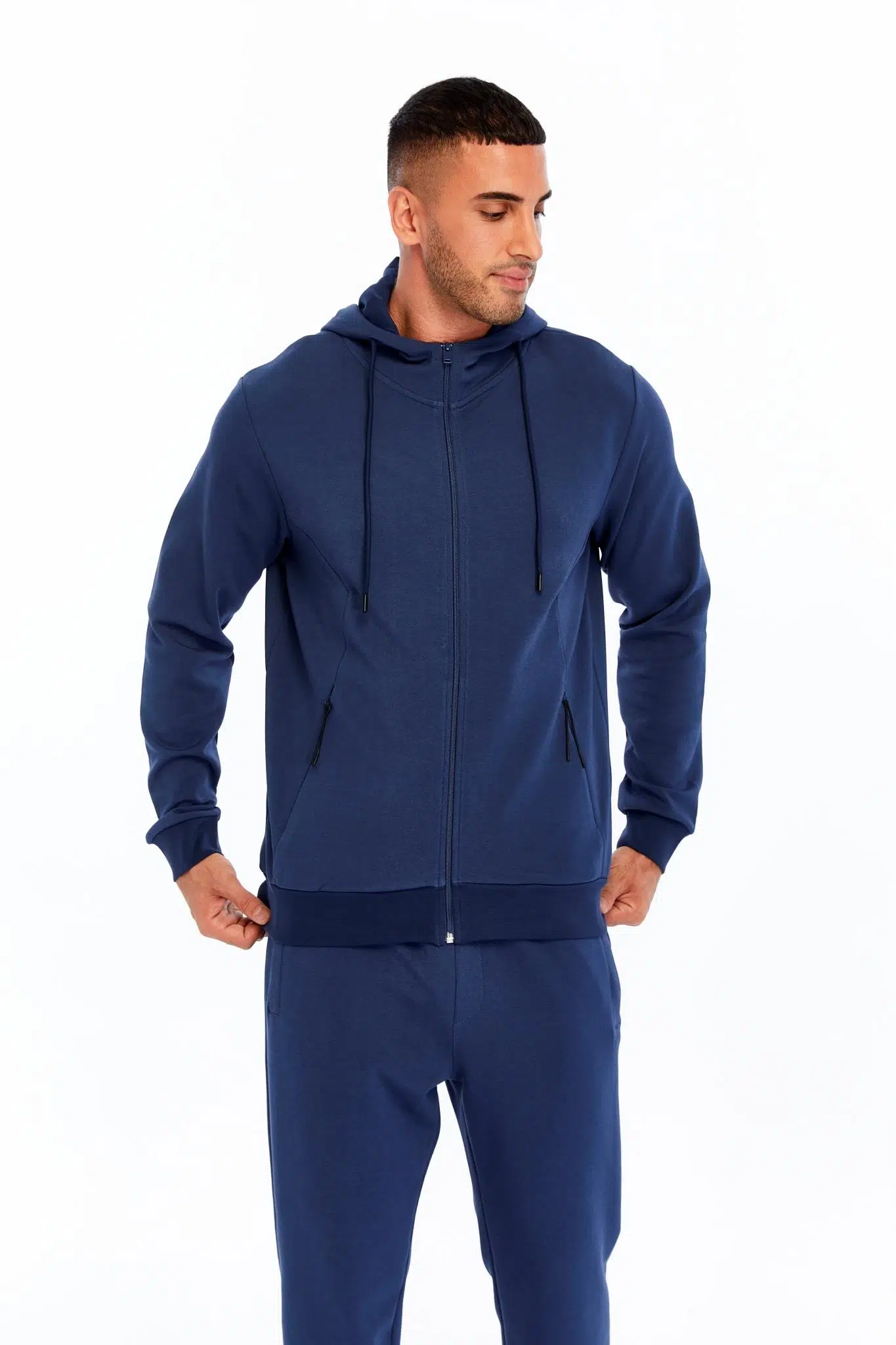 Ar-ma Erkek Tam Fermuar Sweatshirt Basic Baskisiz Kapşonlu Yandan Fermuar Cepli Slim Fit Scuba İnterlok K30324989702 - İndigo-İ1