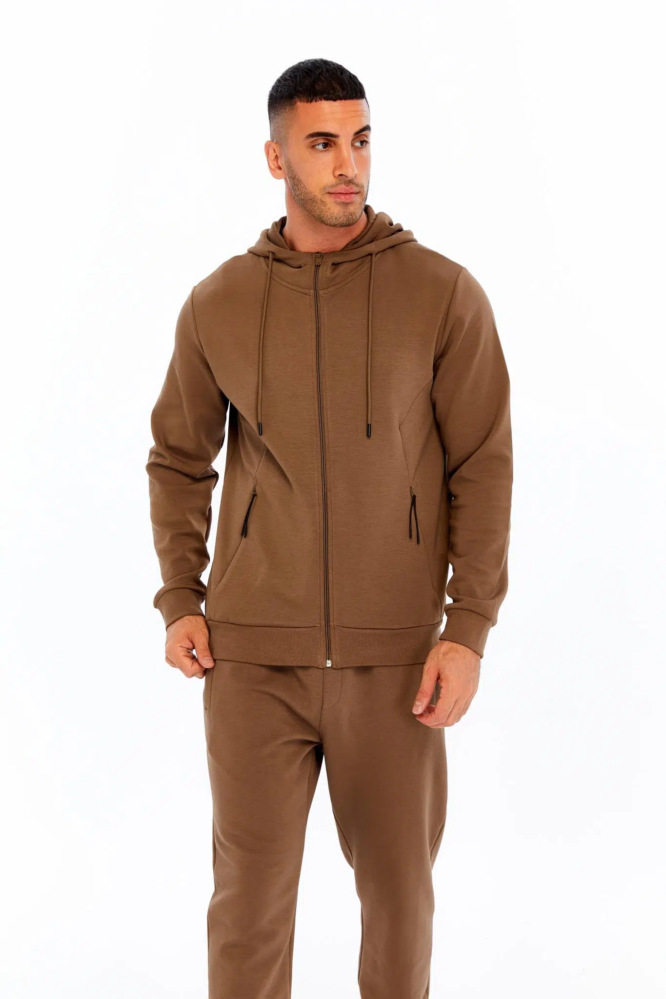 Ar-ma Erkek Tam Fermuar Sweatshirt Basic Baskisiz Kapşonlu Yandan Fermuar Cepli Slim Fit Scuba İnterlok K30324989702 - Kahverengi-K3