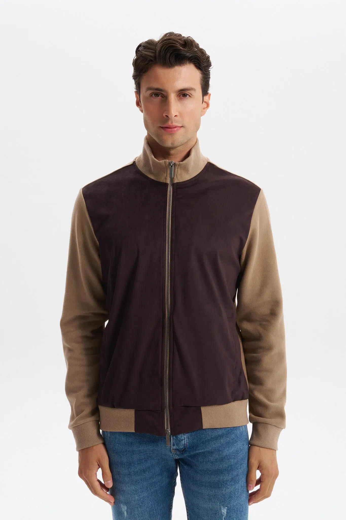 Ar-ma Erkek Tam Fermuar Sweatshirt Baskisiz Basic Fleto Cepli Dik Yaka Regular Fit Karbon Firçali Selanik K30324698502 - Gri-Bej G8