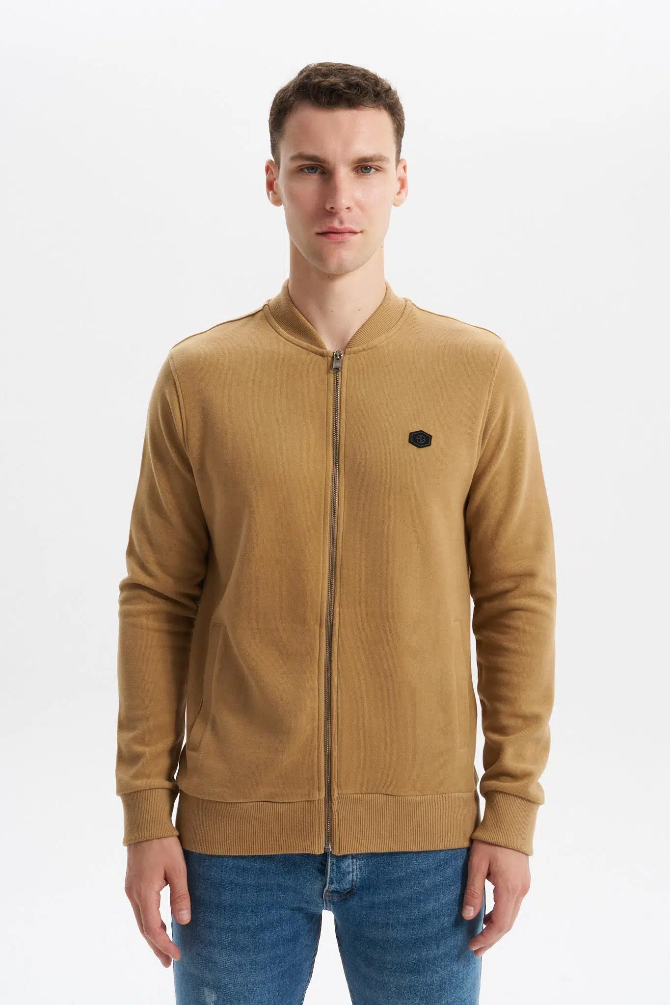 Ar-ma Erkek Tam Fermuar Sweatshirt Baskisiz Basic Fleto Cepli Dik Yaka Slim Fit Karbon Firçali Selanik K30324698302 - Kahverengi-K5