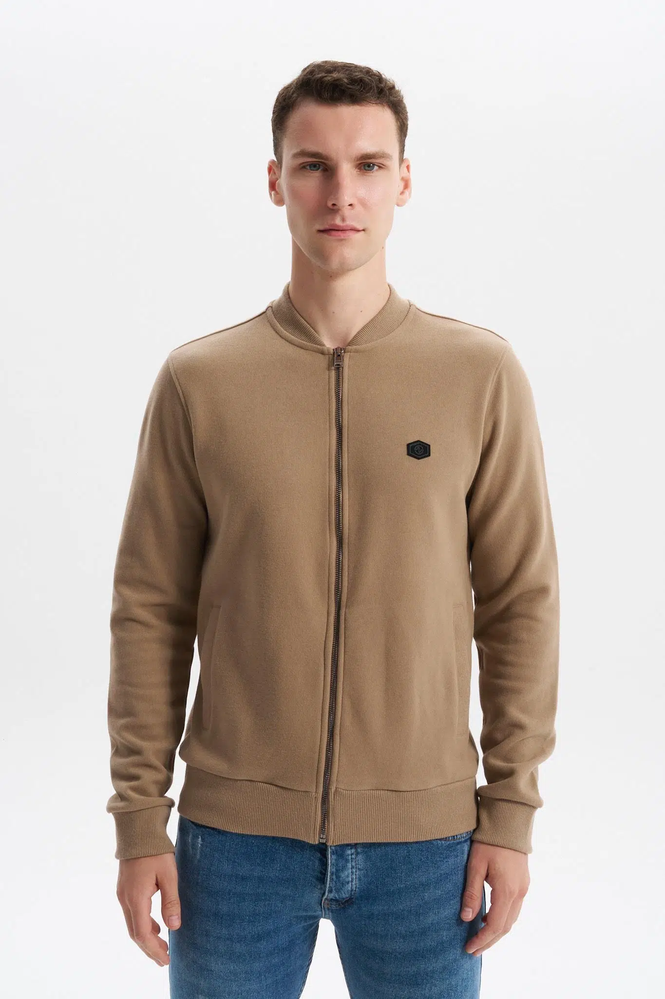 Ar-ma Erkek Tam Fermuar Sweatshirt Baskisiz Basic Fleto Cepli Dik Yaka Slim Fit Karbon Firçali Selanik K30324698302 - Gri-Bej G8