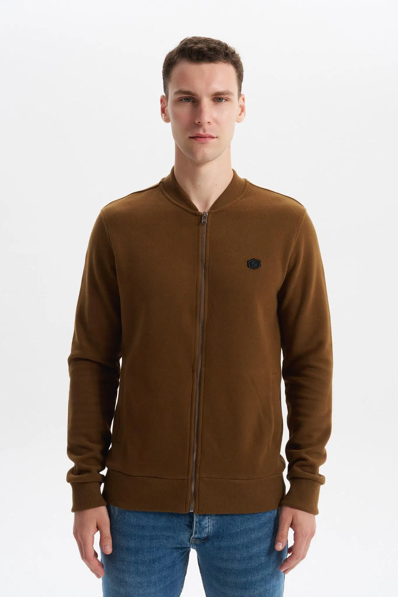 Ar-ma Erkek Tam Fermuar Sweatshirt Baskisiz Basic Fleto Cepli Dik Yaka Slim Fit Karbon Firçali Selanik K30324698302 - Kahverengi-K7