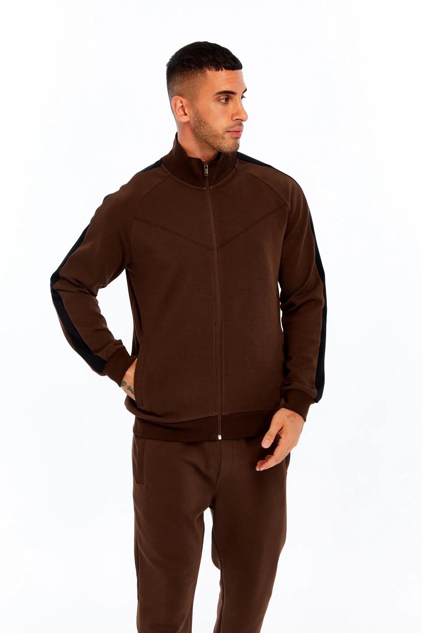Ar-ma Erkek Tam Fermuar Sweatshirt Baskisiz Basic Fleto Cepli Dik Yaka Slim Fit Scuba İnterlok K30324989602 - Kahverengi-K1