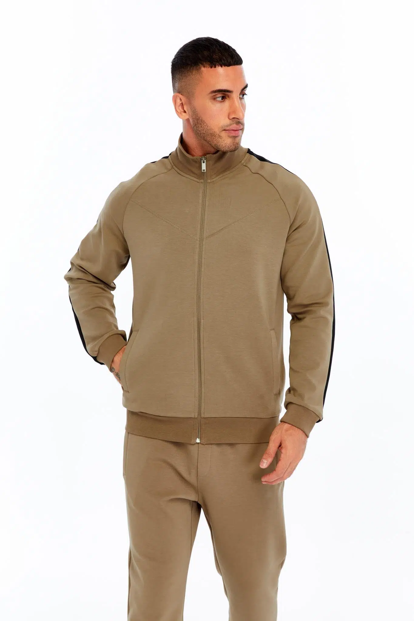 Ar-ma Erkek Tam Fermuar Sweatshirt Baskisiz Basic Fleto Cepli Dik Yaka Slim Fit Scuba İnterlok K30324989602 - Gri-Bej G8