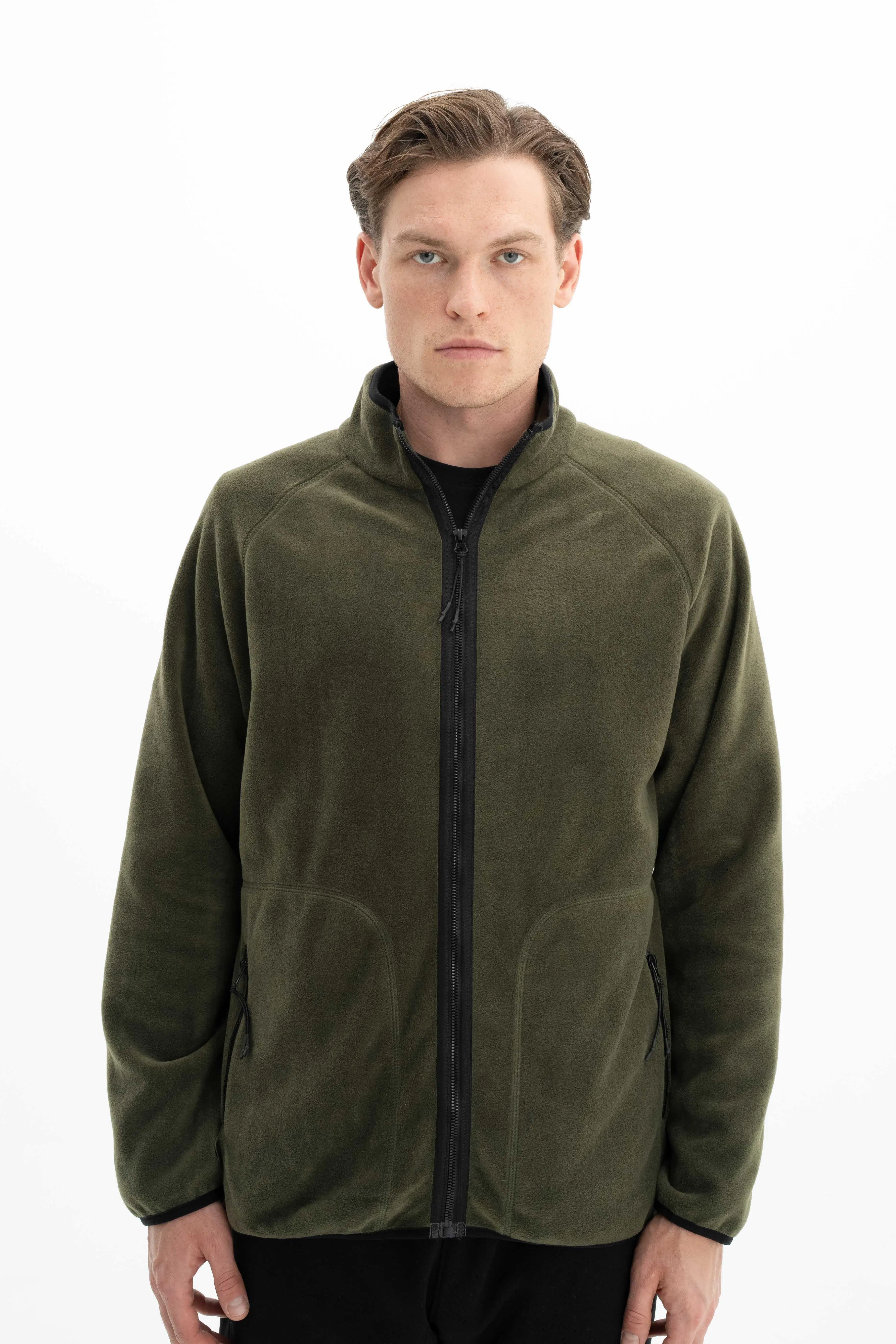 Ar-ma Erkek Tam Fermuar Sweatshirt Baskisiz Basic Fleto Fermuar Cepli Dik Yaka Regular Fit Softech Polar K26324674601 - Haki-H1